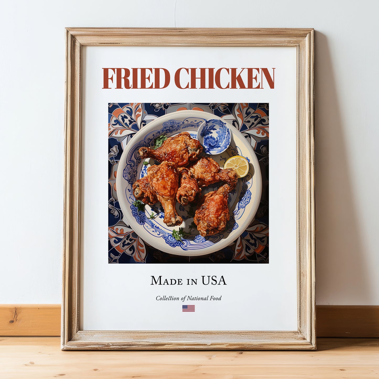 Fried Chicken – American Meat Dish, Restaurant Poster, in wooden frame leaning on the floor