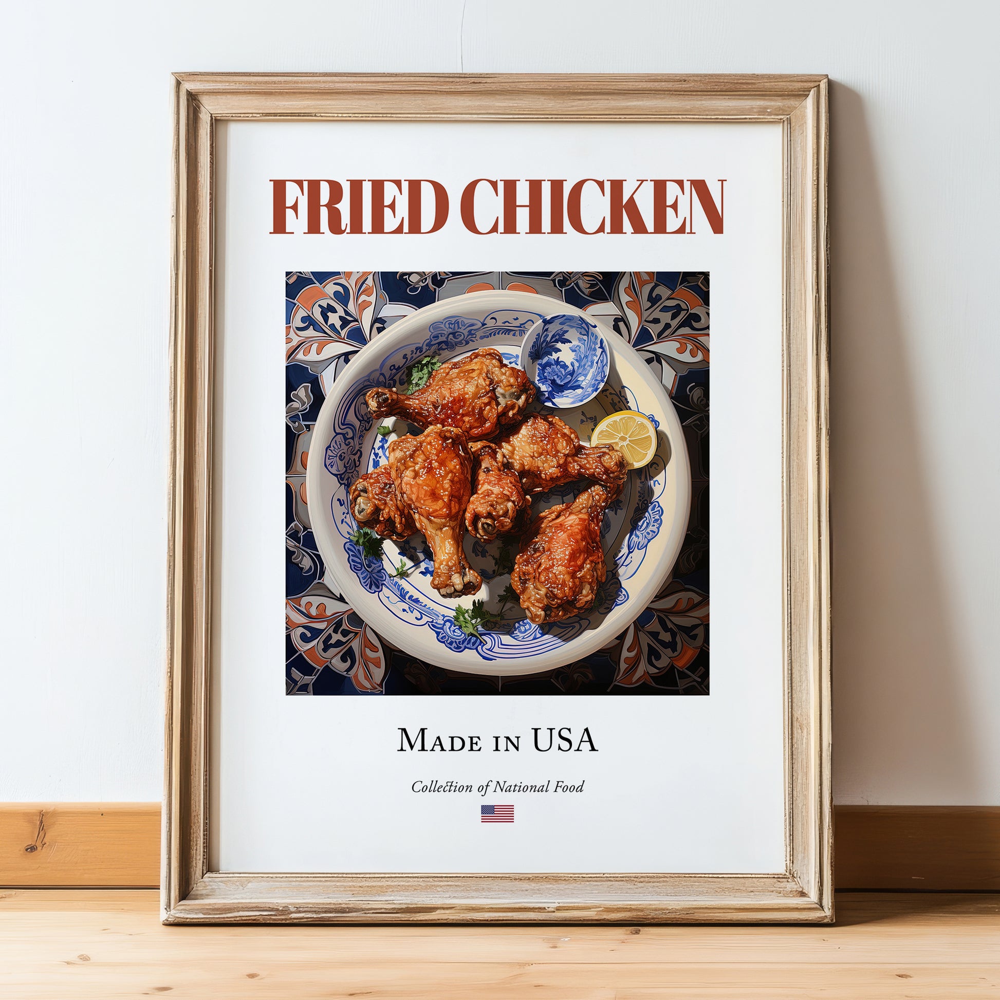 Fried Chicken – American Meat Dish, Restaurant Poster, in wooden frame leaning on the floor