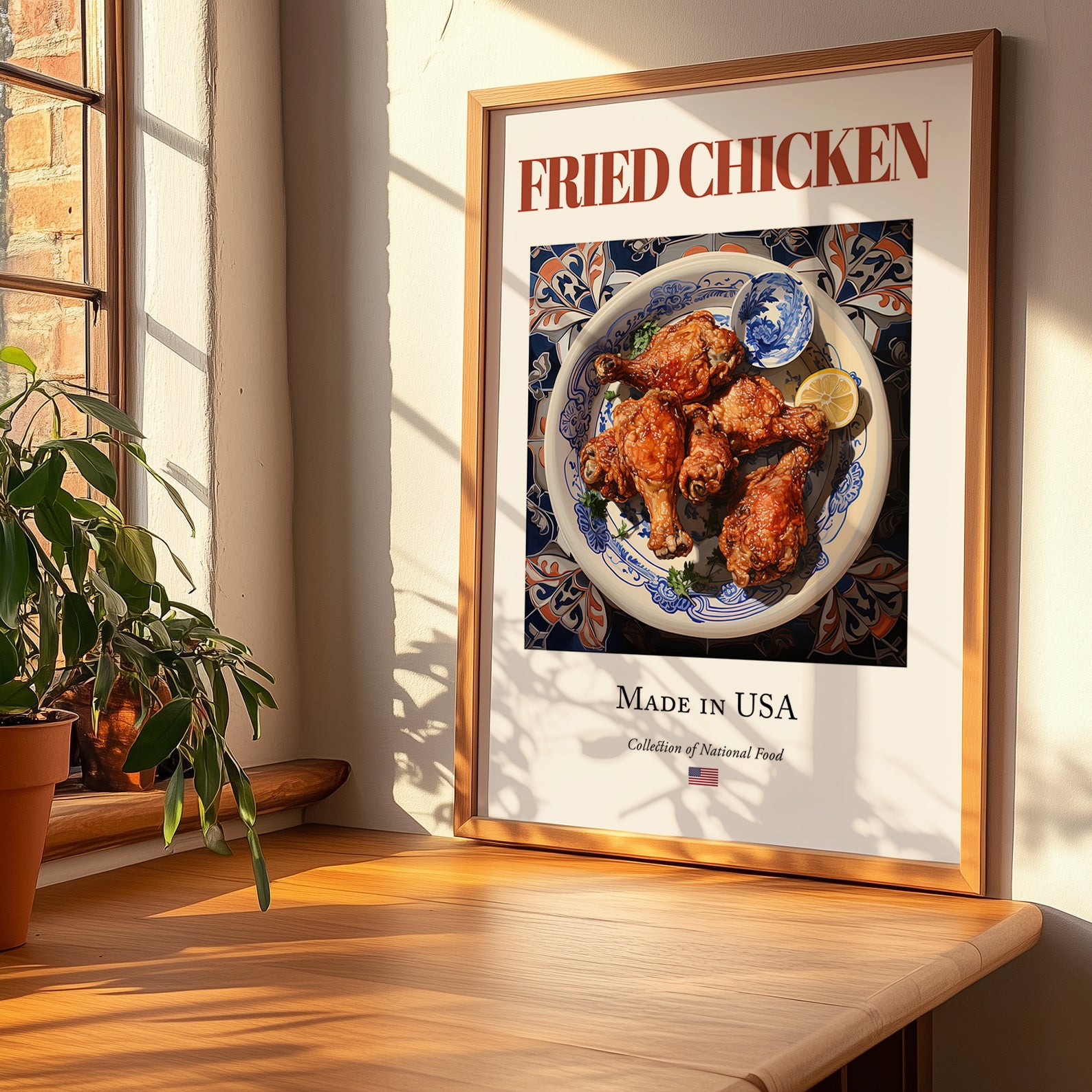 Fried Chicken – American Meat Dish, Restaurant Poster, no-text version framed in wood