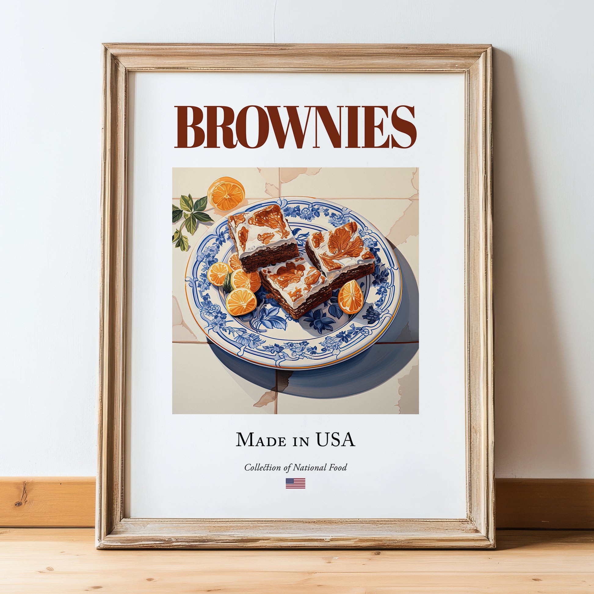 Brownies – American Dessert Dish, Tavern Print, in wooden frame leaning on the floor