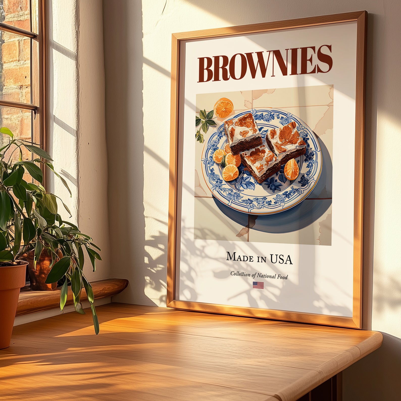 Brownies – American Dessert Dish, Tavern Print, no-text version framed in wood