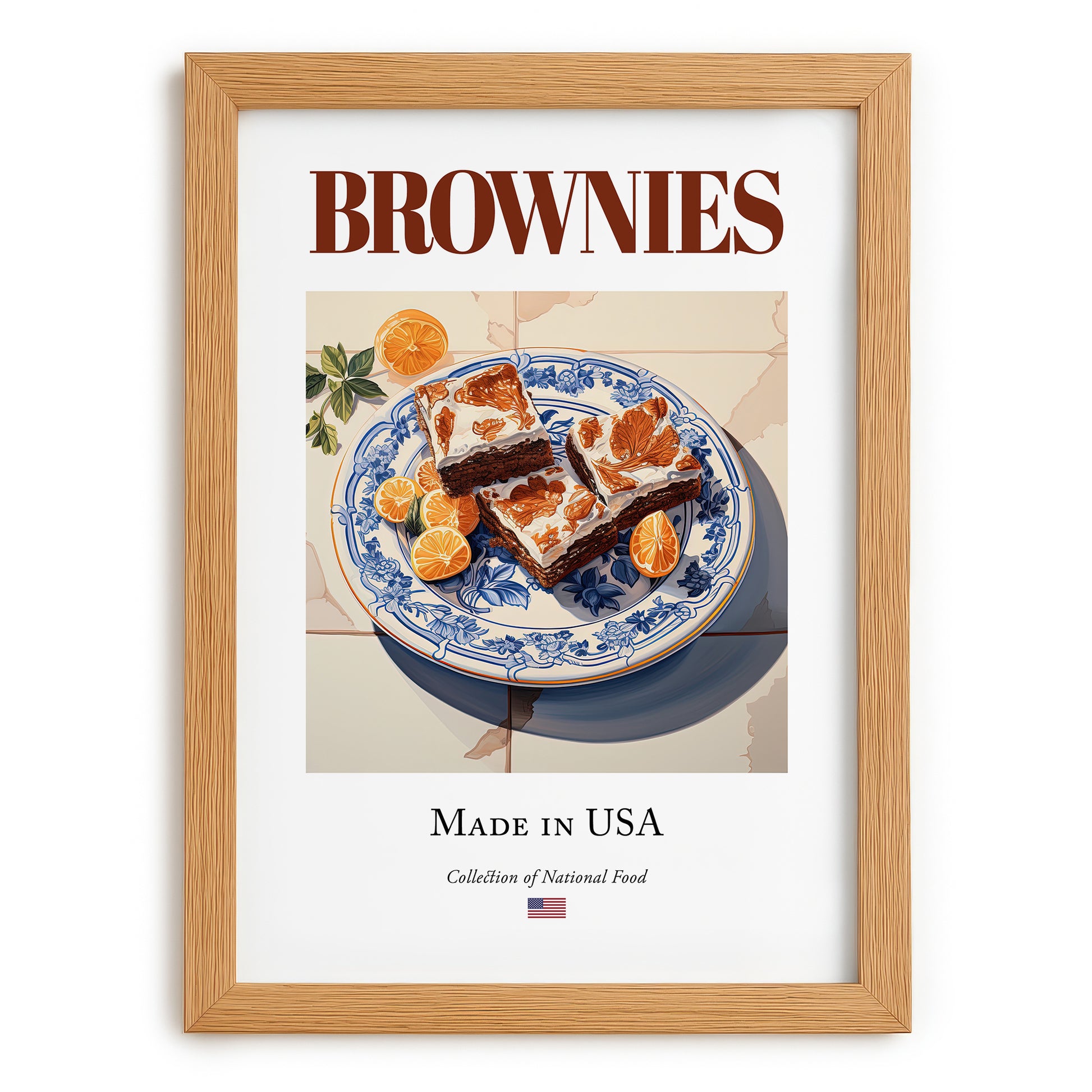 Brownies – American Dessert Dish, Tavern Print, set in oak frame