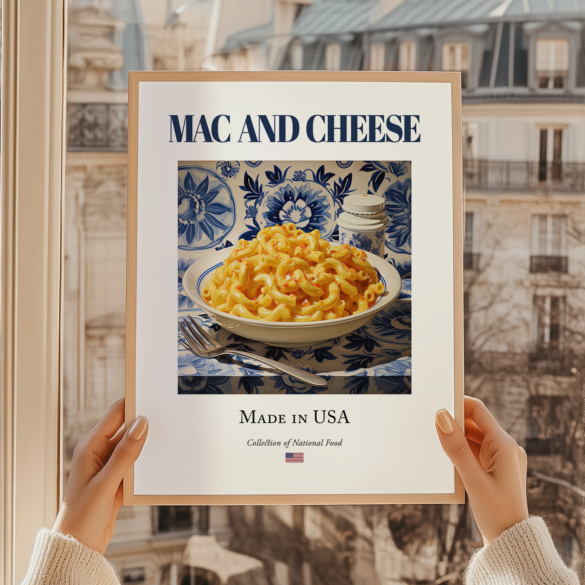 Mac and Cheese – American Dish, Fine Dining Restaurant Poster, styled in a charming Paris street view
