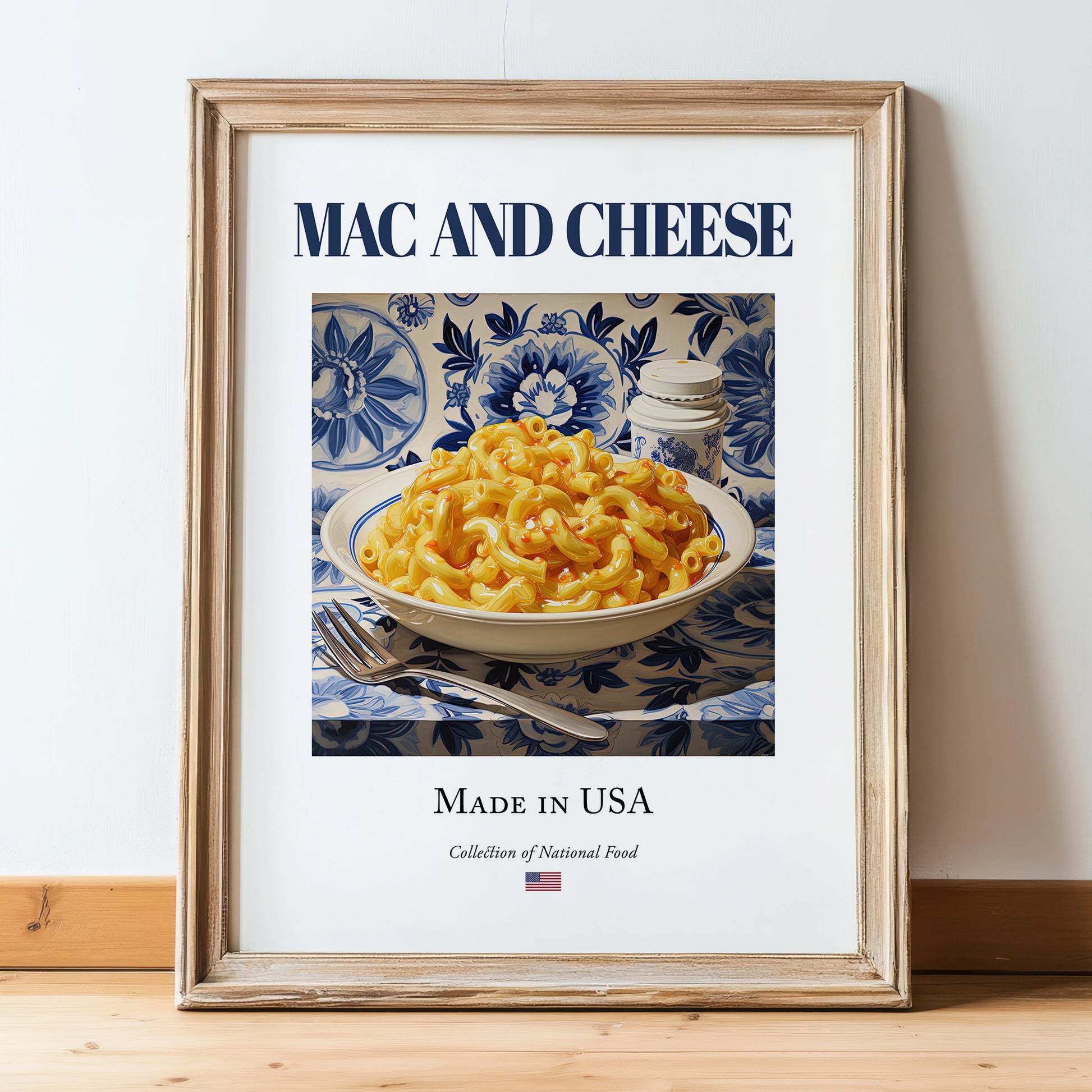 Mac and Cheese – American Dish, Fine Dining Restaurant Poster, in wooden frame leaning on the floor