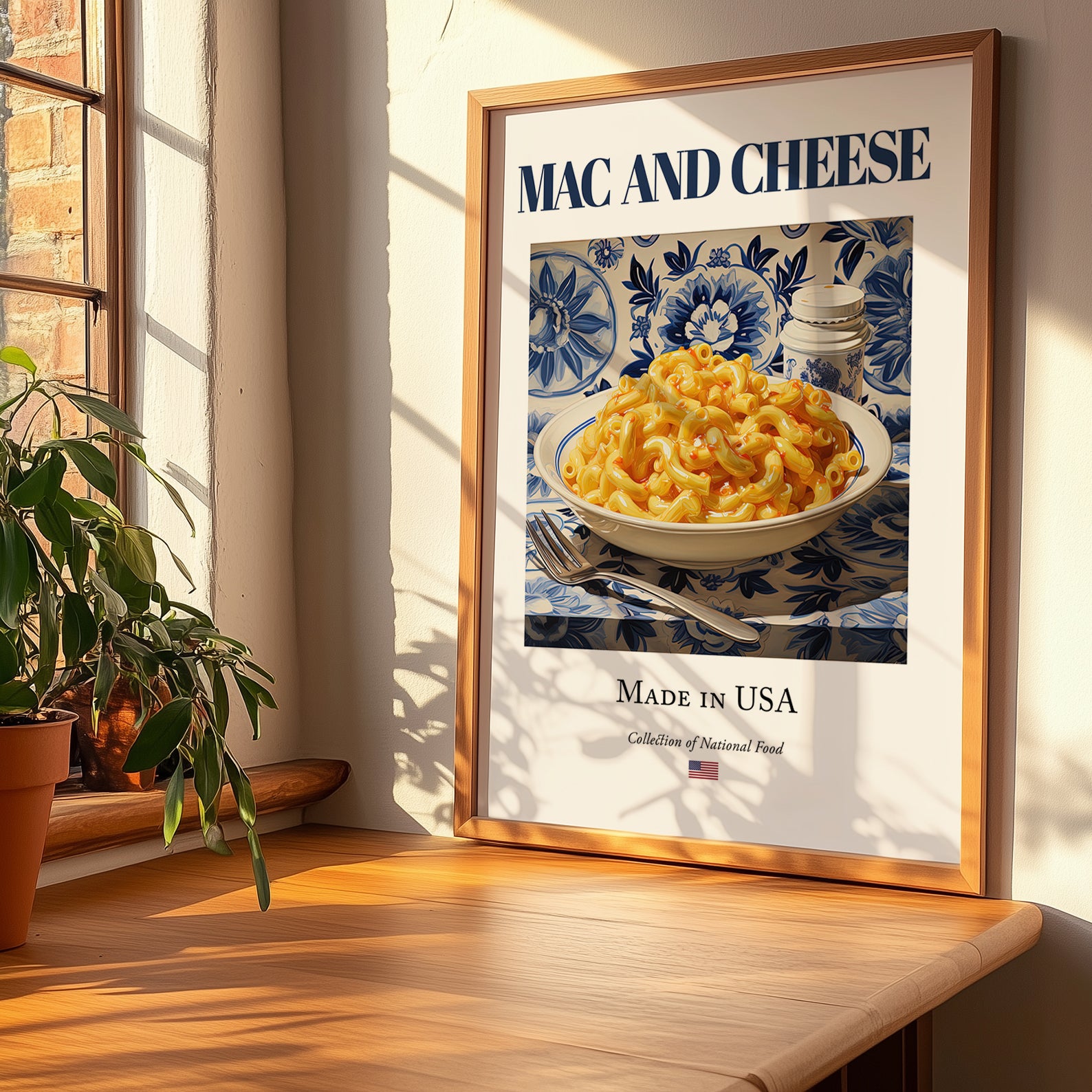 Mac and Cheese – American Dish, Fine Dining Restaurant Poster, no-text version framed in wood