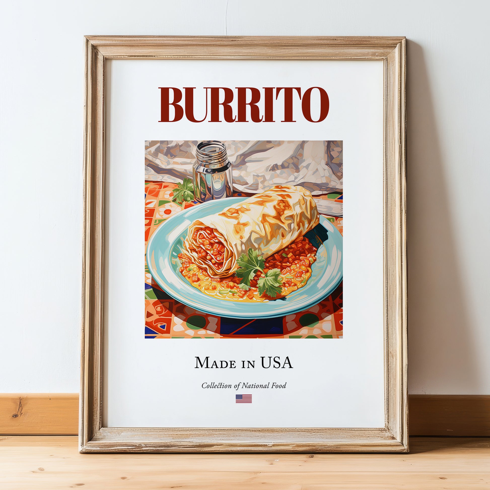 Burrito – American Dish, Café Still Life, in wooden frame leaning on the floor