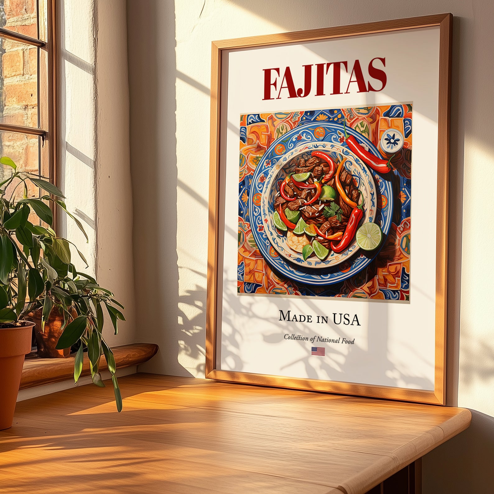 Fajitas – American Dish, Brasserie Print, no-text version framed in wood