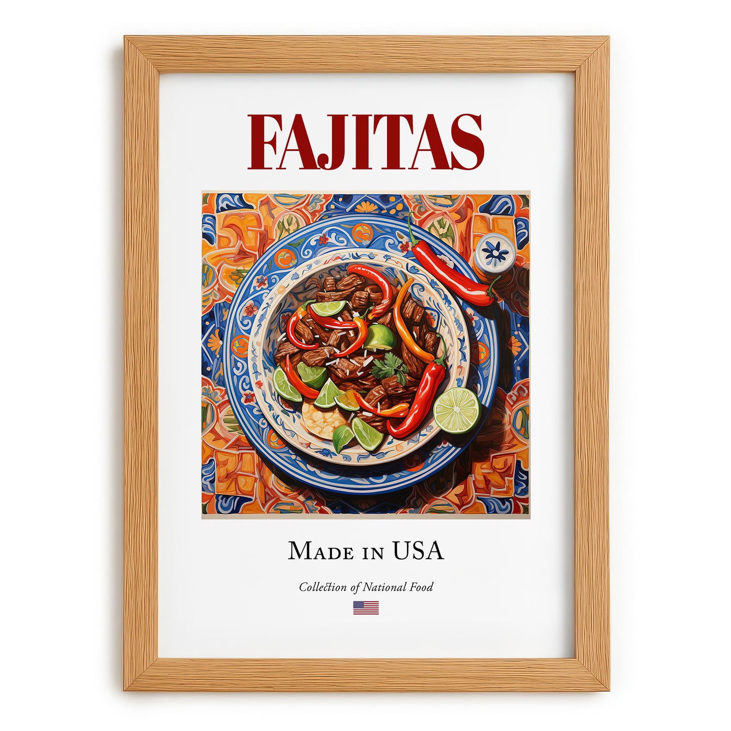 Fajitas – American Dish, Brasserie Print, set in oak frame