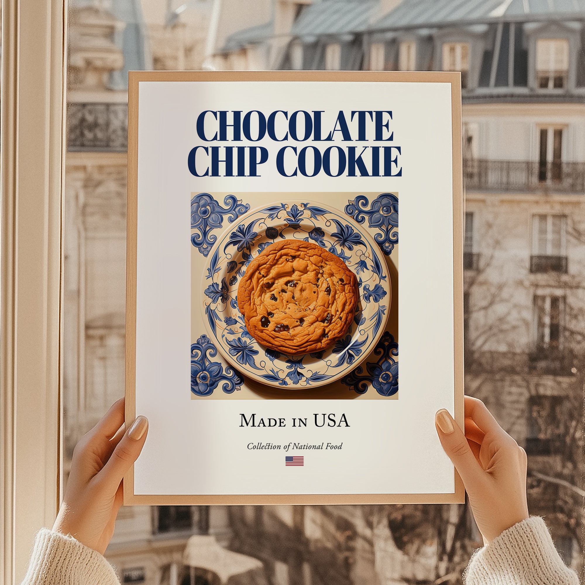 Chocolate Chip Cookie – American Dessert Dish, Fine Dining Restaurant Poster, styled in a charming Paris street view