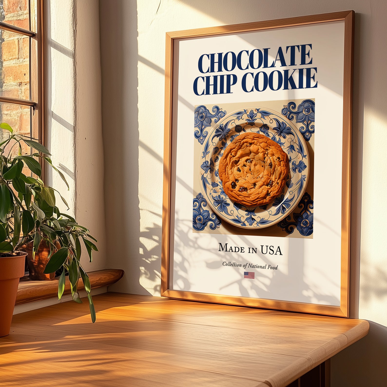Chocolate Chip Cookie – American Dessert Dish, Fine Dining Restaurant Poster, no-text version framed in wood