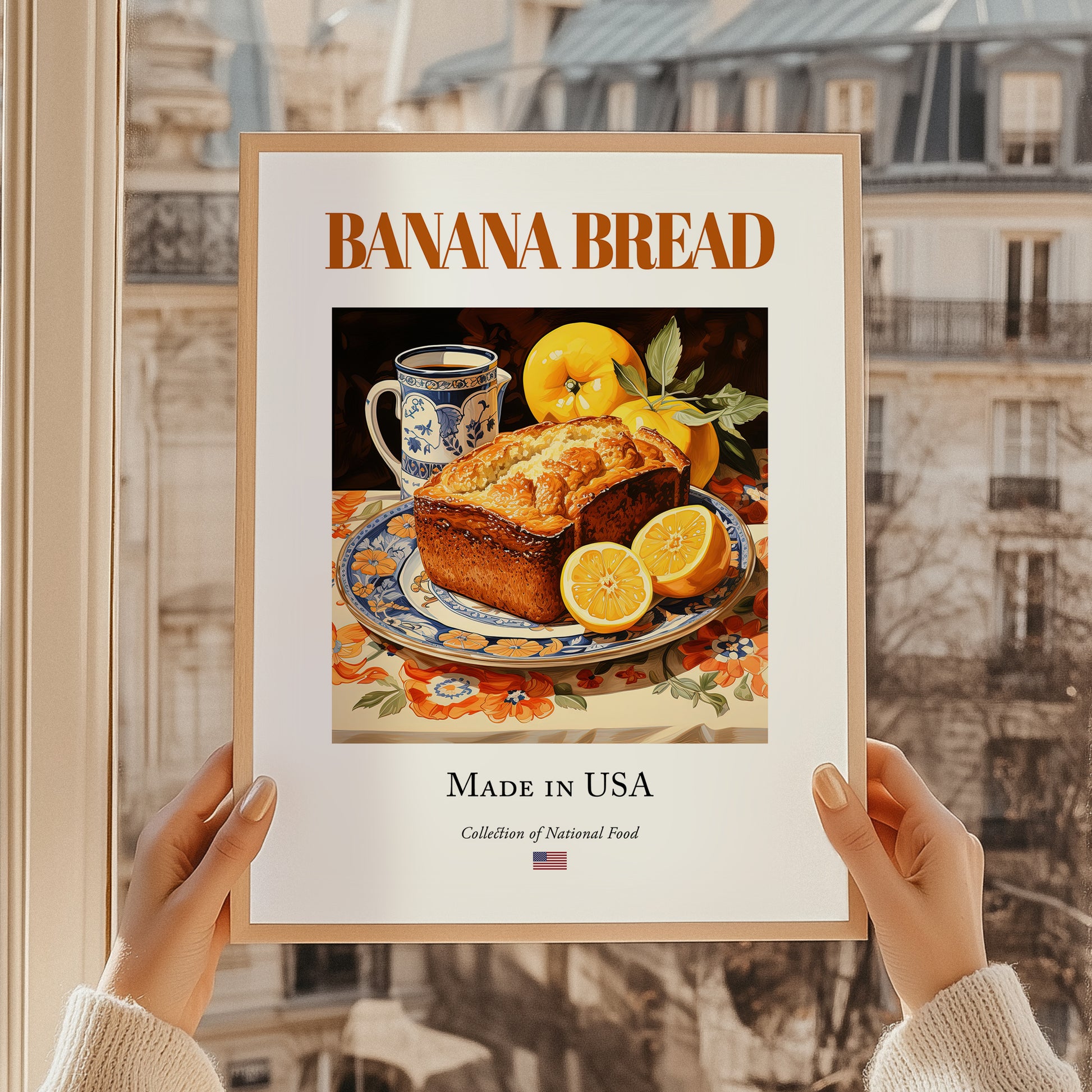 Banana Bread – American Dessert Dish, Bistro Poster, styled in a charming Paris street view