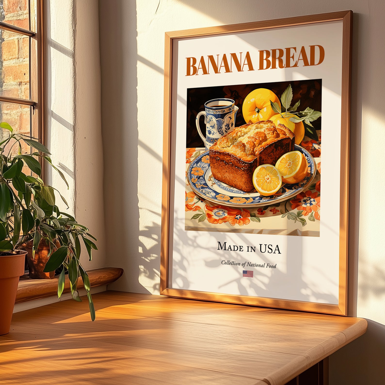 Banana Bread – American Dessert Dish, Bistro Poster, no-text version framed in wood