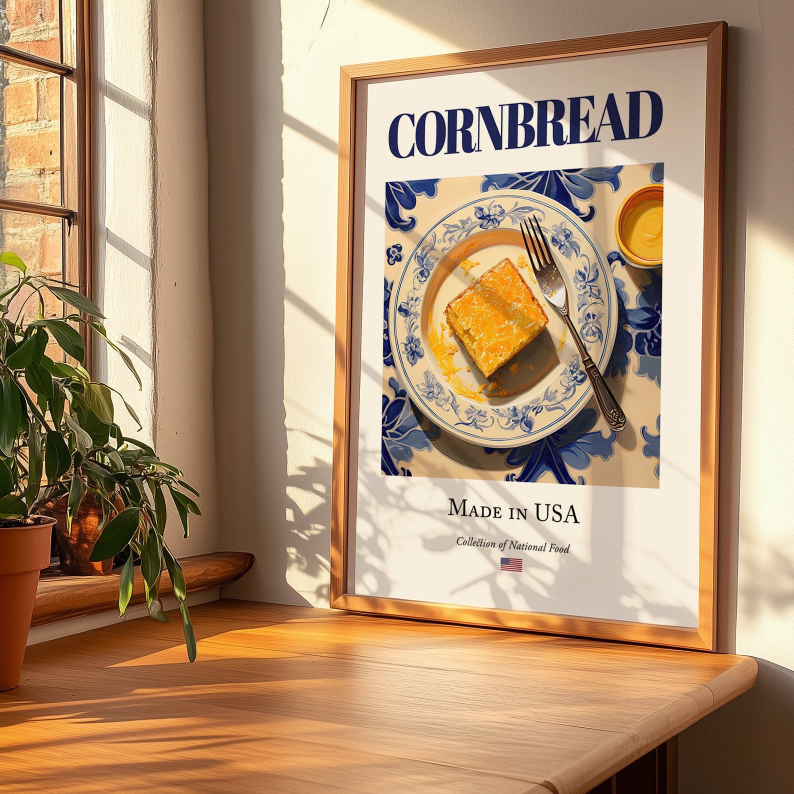 Cornbread – American Bread Dish, Brasserie Art, no-text version framed in wood