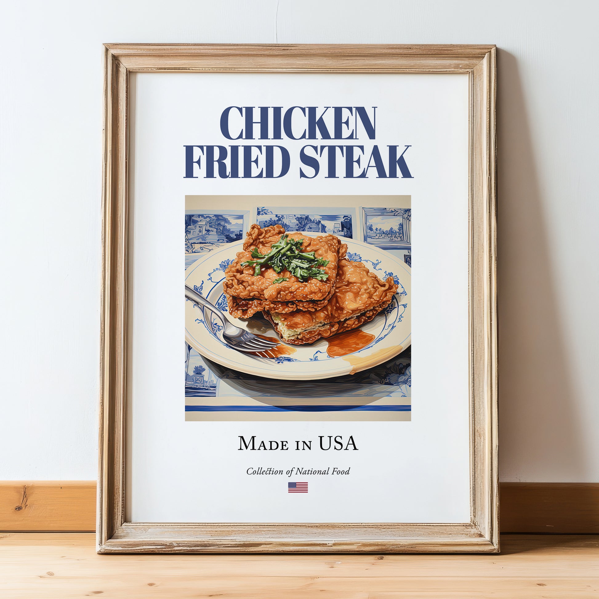Chicken Fried Steak – American Meat Dish, Bistro Print, in wooden frame leaning on the floor