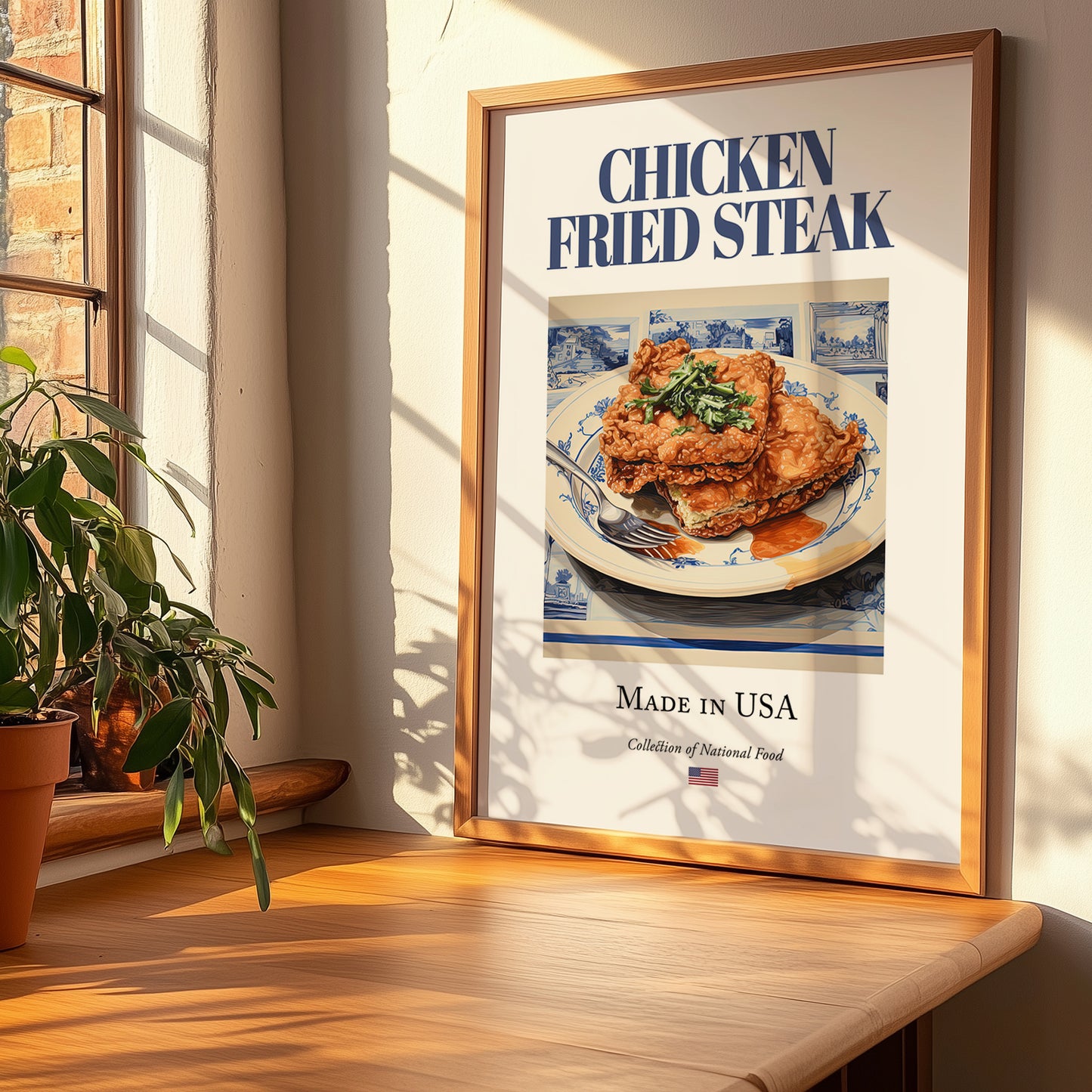 Chicken Fried Steak – American Meat Dish, Bistro Print, no-text version framed in wood
