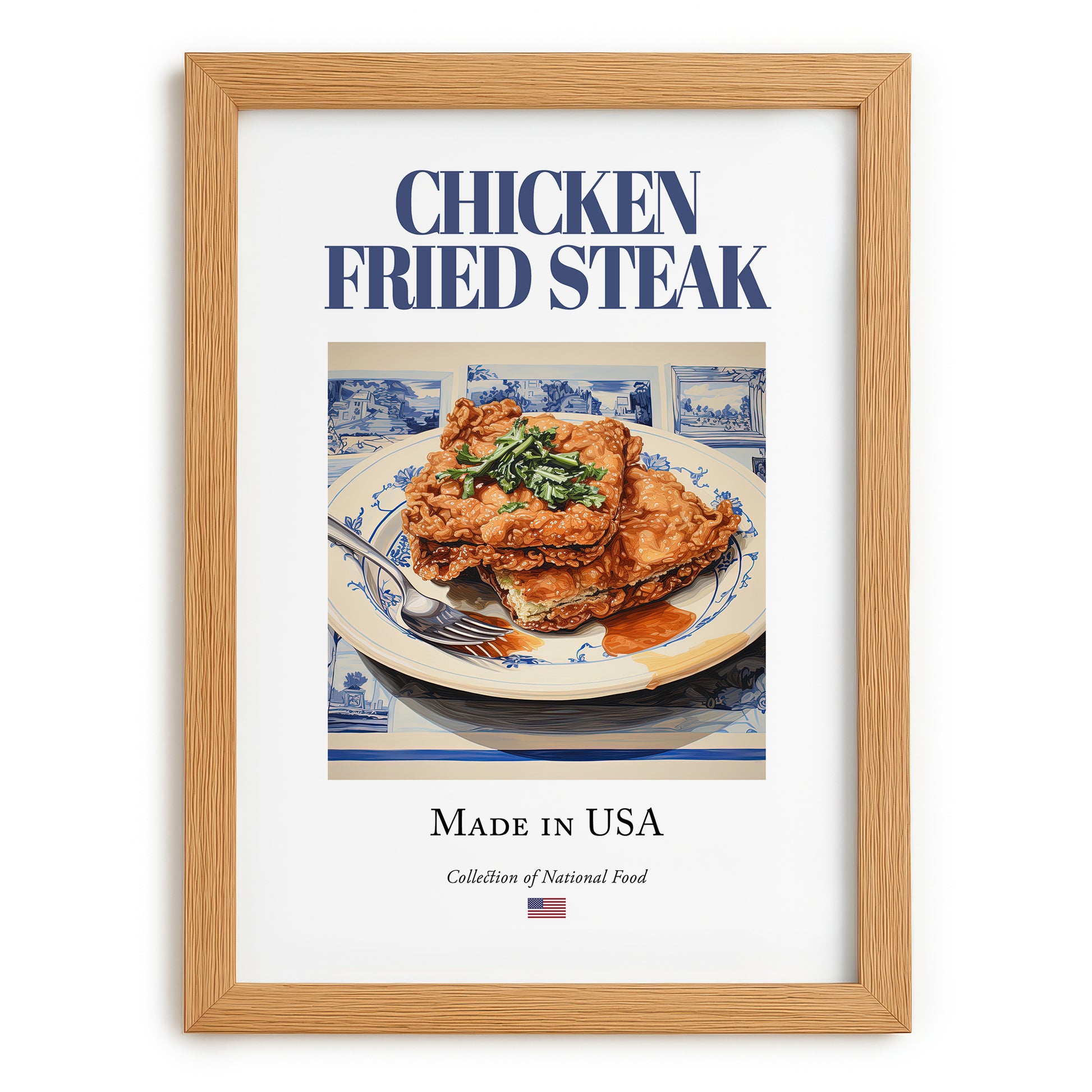 Chicken Fried Steak – American Meat Dish, Bistro Print, set in oak frame