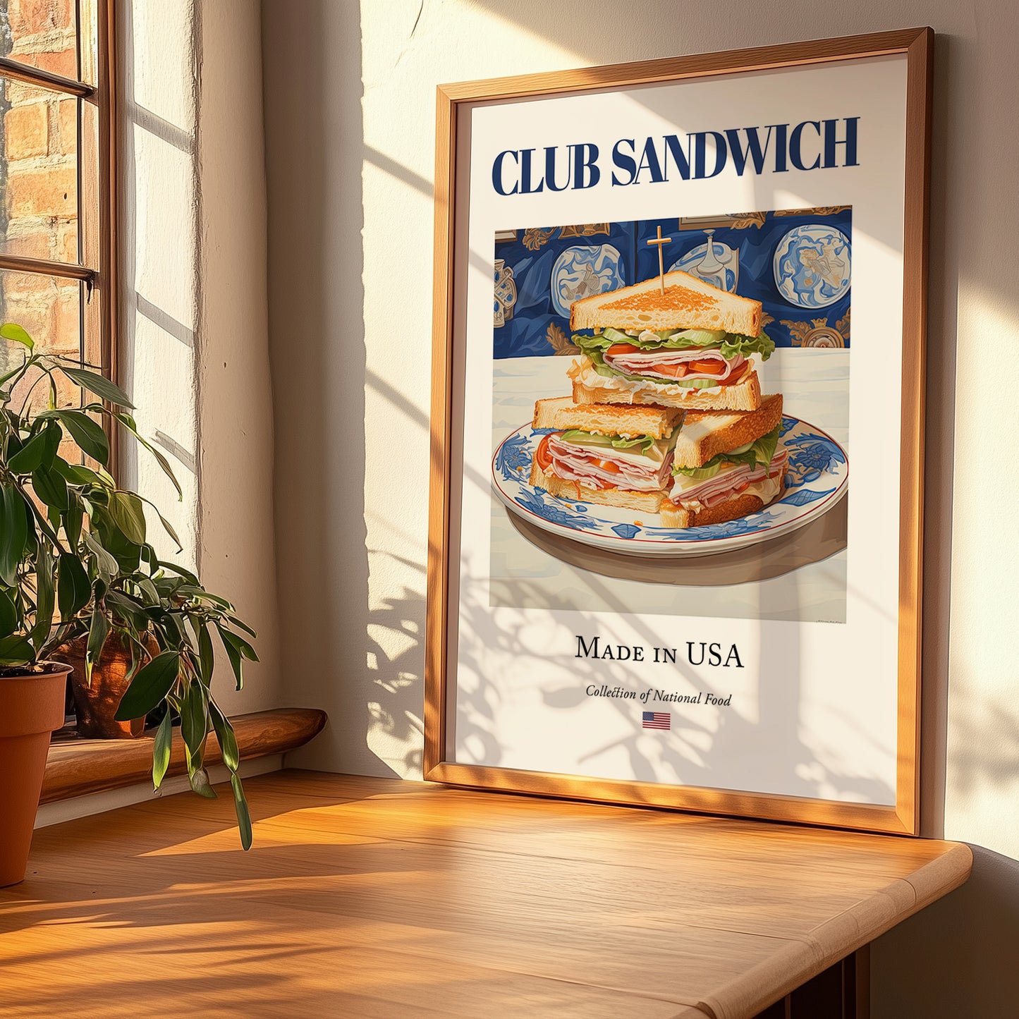 Club Sandwich – American Dish, Café Wall Decor, no-text version framed in wood