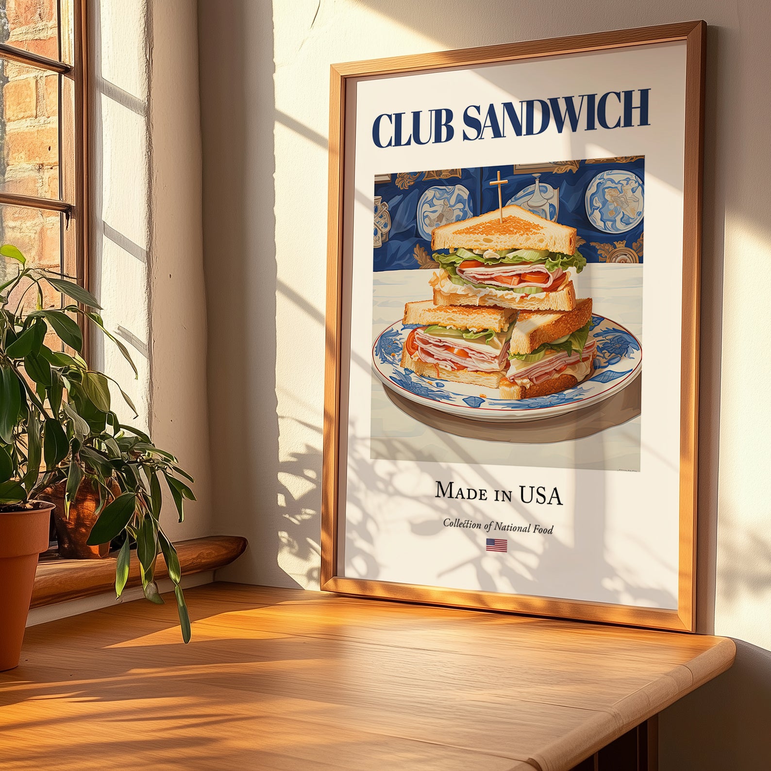 Club Sandwich – American Dish, Café Wall Decor, no-text version framed in wood