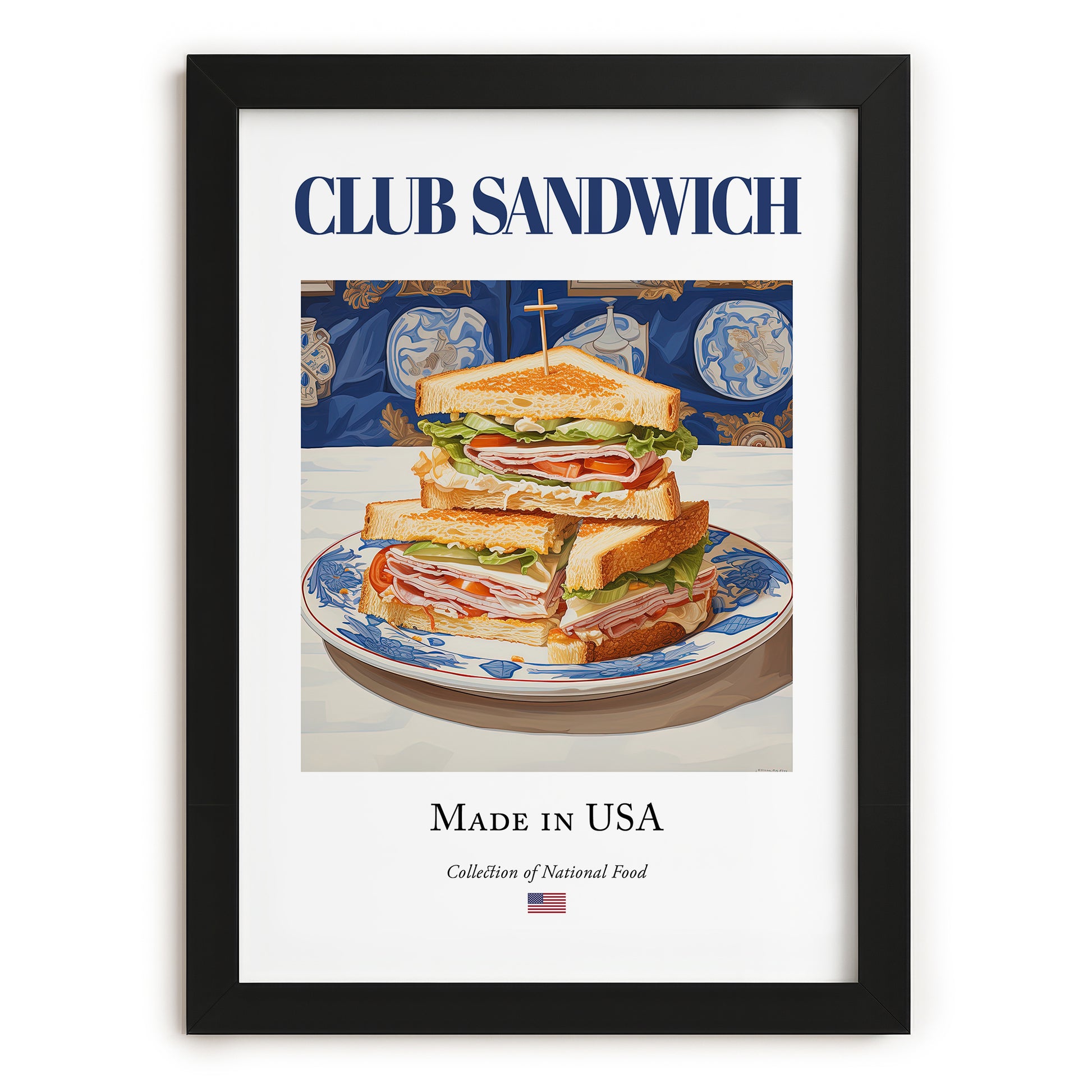 Club Sandwich – American Dish, Café Wall Decor, in sleek black frame