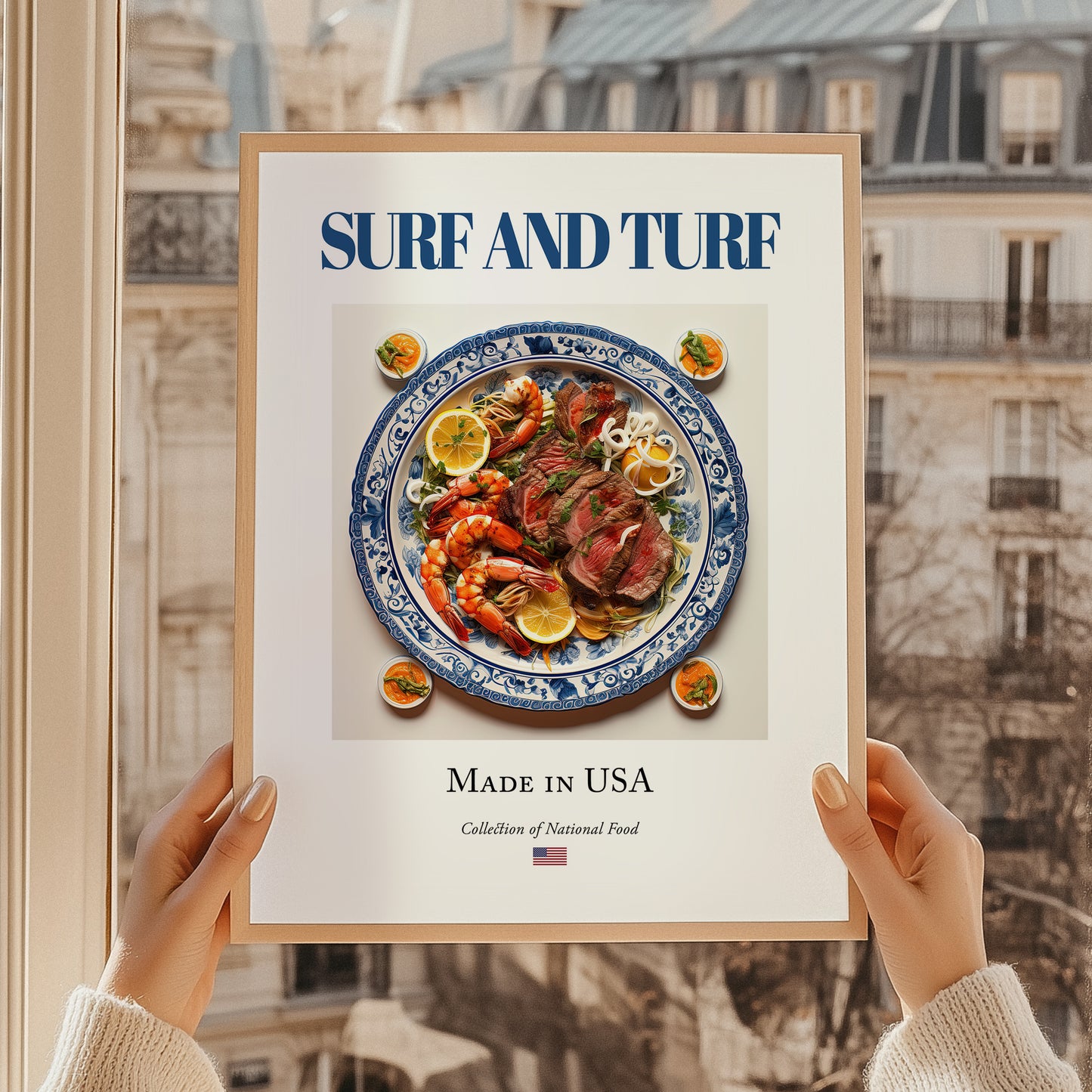 Surf and Turf – American Meat Dish, Tavern Wall Decor, styled in a charming Paris street view