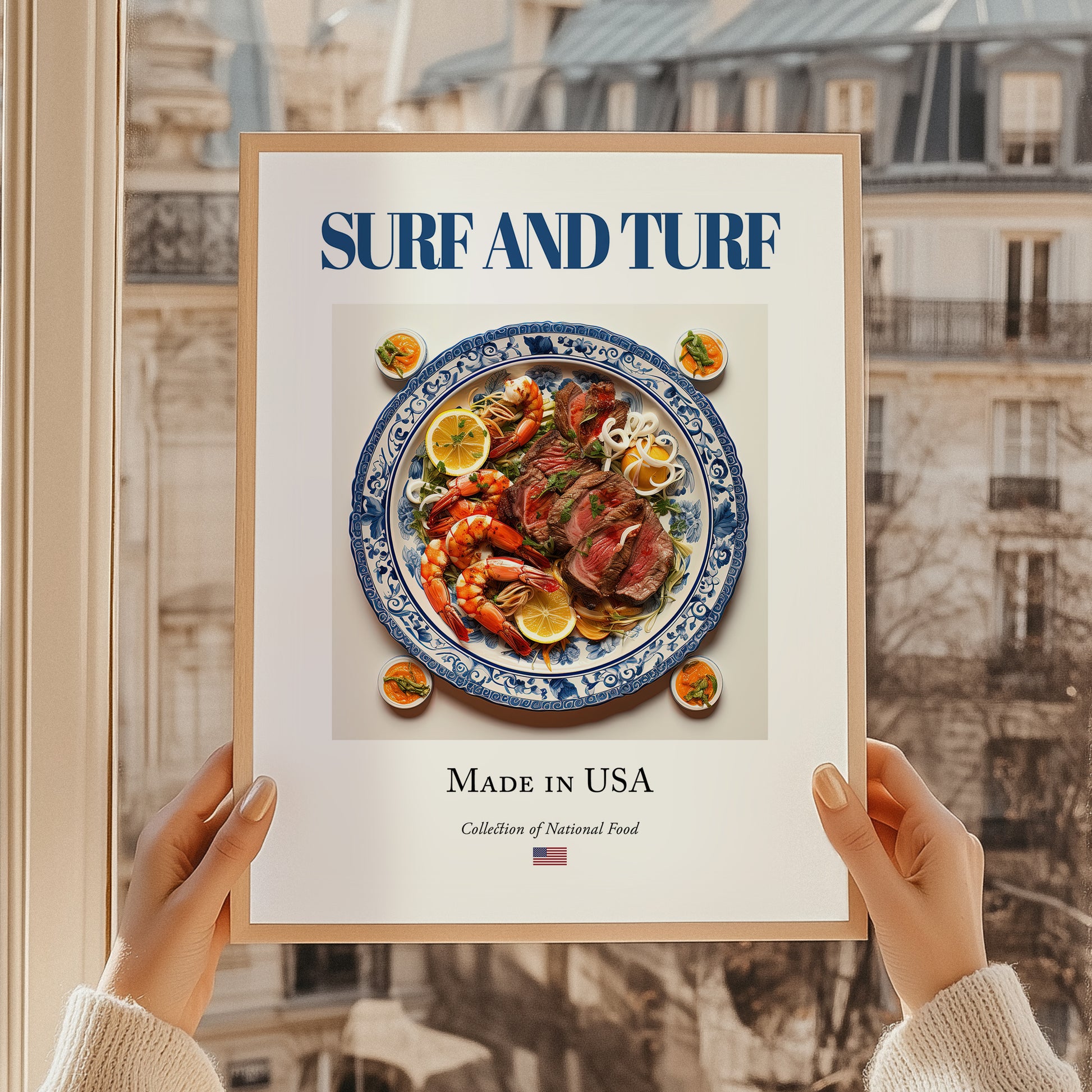 Surf and Turf – American Meat Dish, Tavern Wall Decor, styled in a charming Paris street view