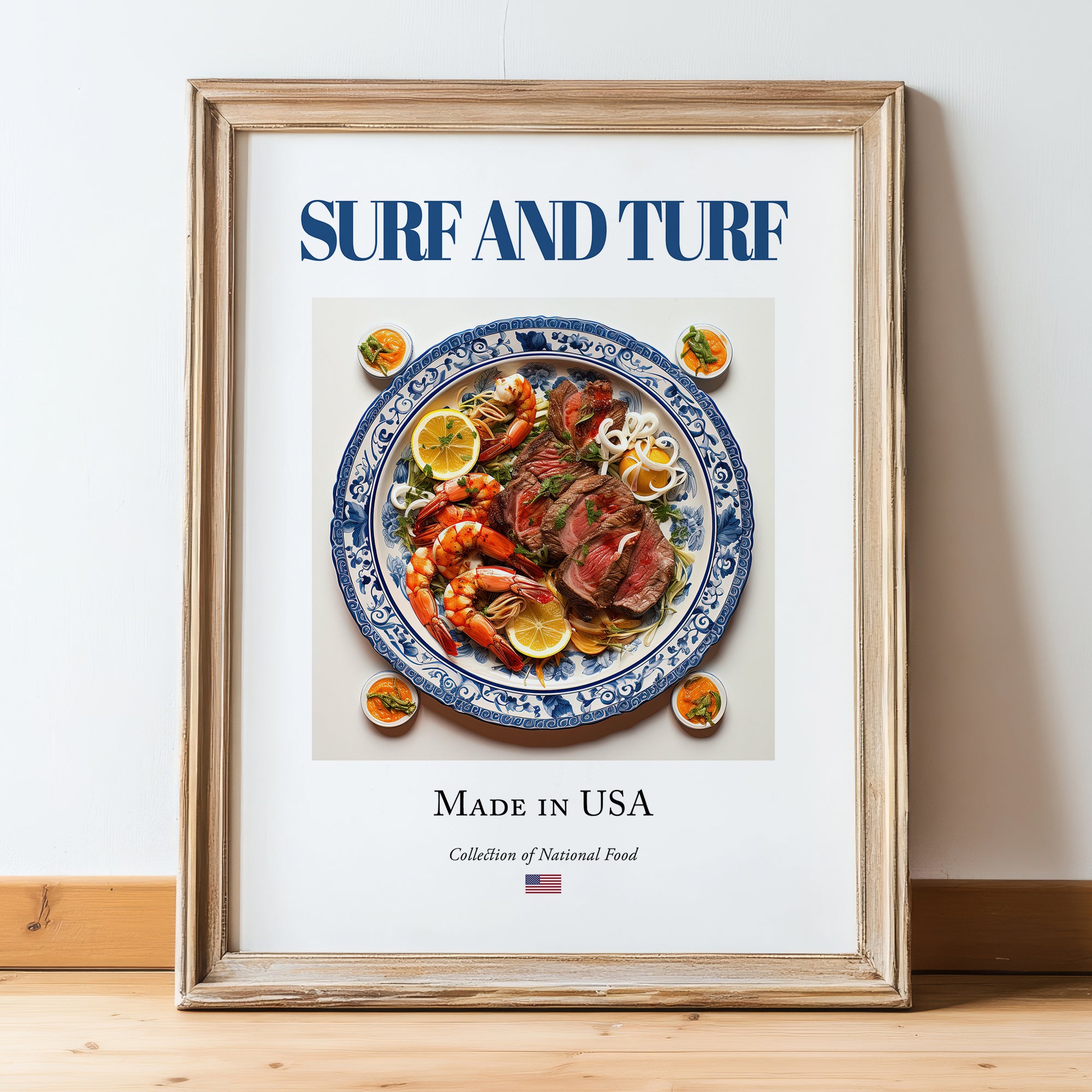 Surf and Turf – American Meat Dish, Tavern Wall Decor, in wooden frame leaning on the floor