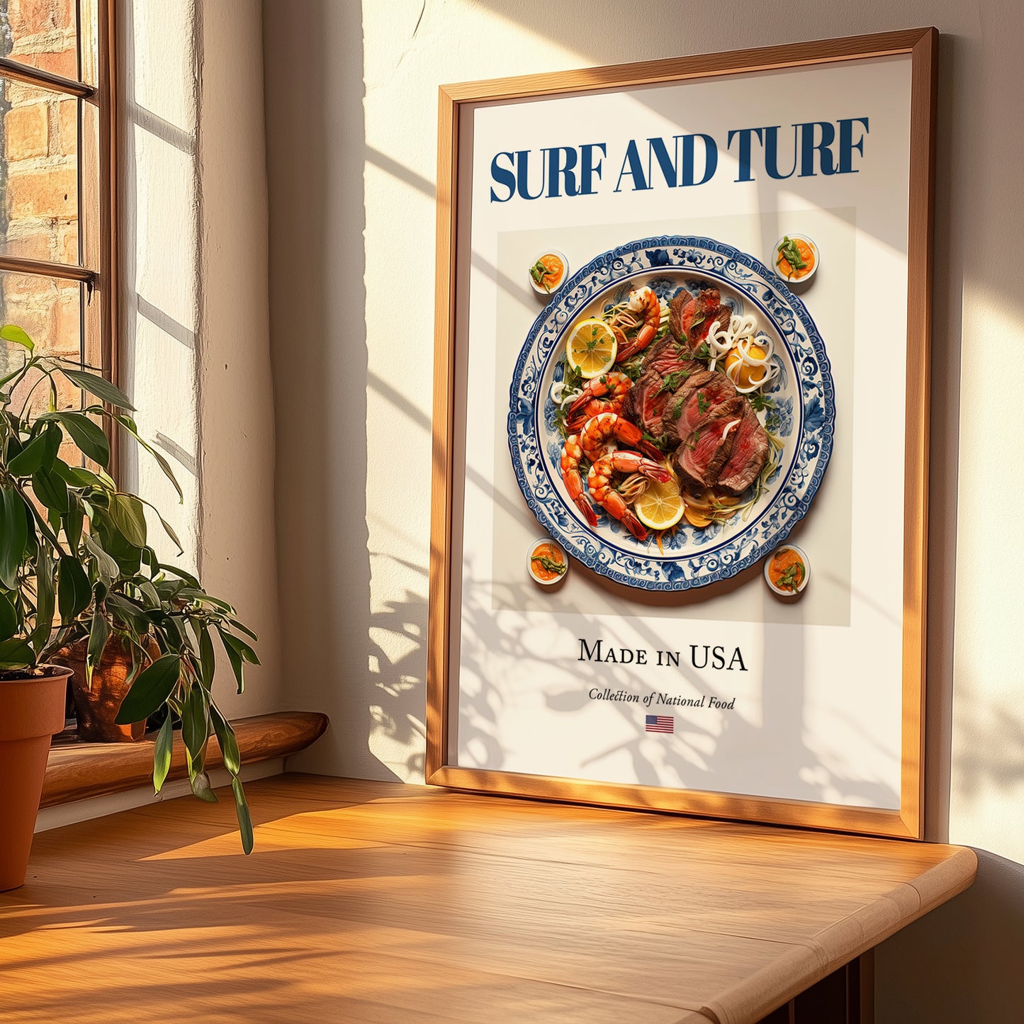 Surf and Turf – American Meat Dish, Tavern Wall Decor, no-text version framed in wood