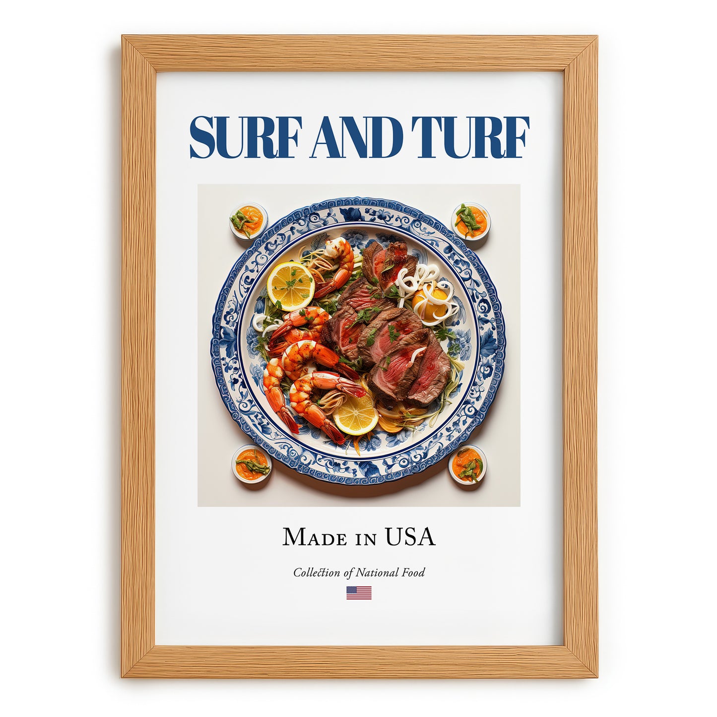 Surf and Turf – American Meat Dish, Tavern Wall Decor, set in oak frame