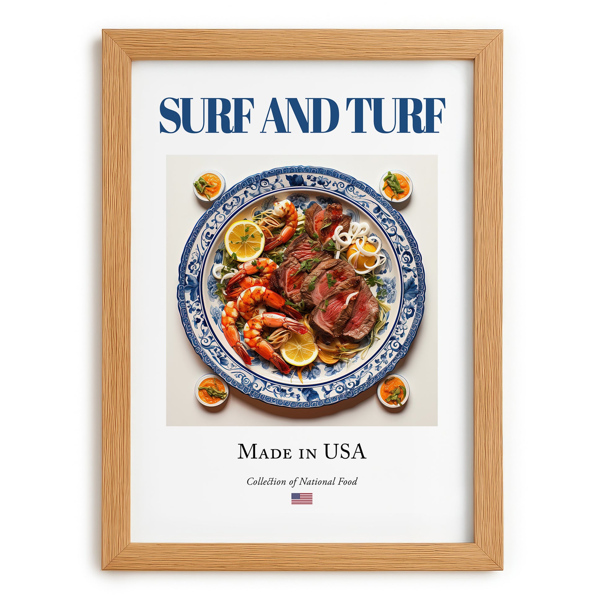 Surf and Turf – American Meat Dish, Tavern Wall Decor, set in oak frame