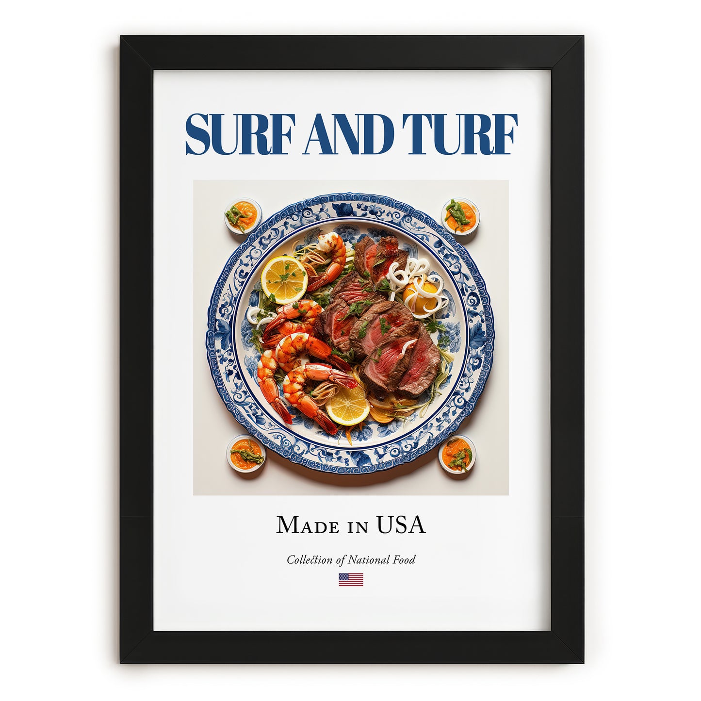 Surf and Turf – American Meat Dish, Tavern Wall Decor, in sleek black frame
