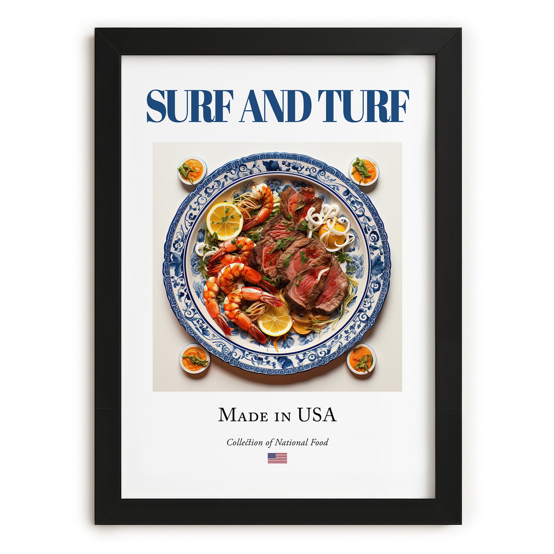 Surf and Turf – American Meat Dish, Tavern Wall Decor, in sleek black frame