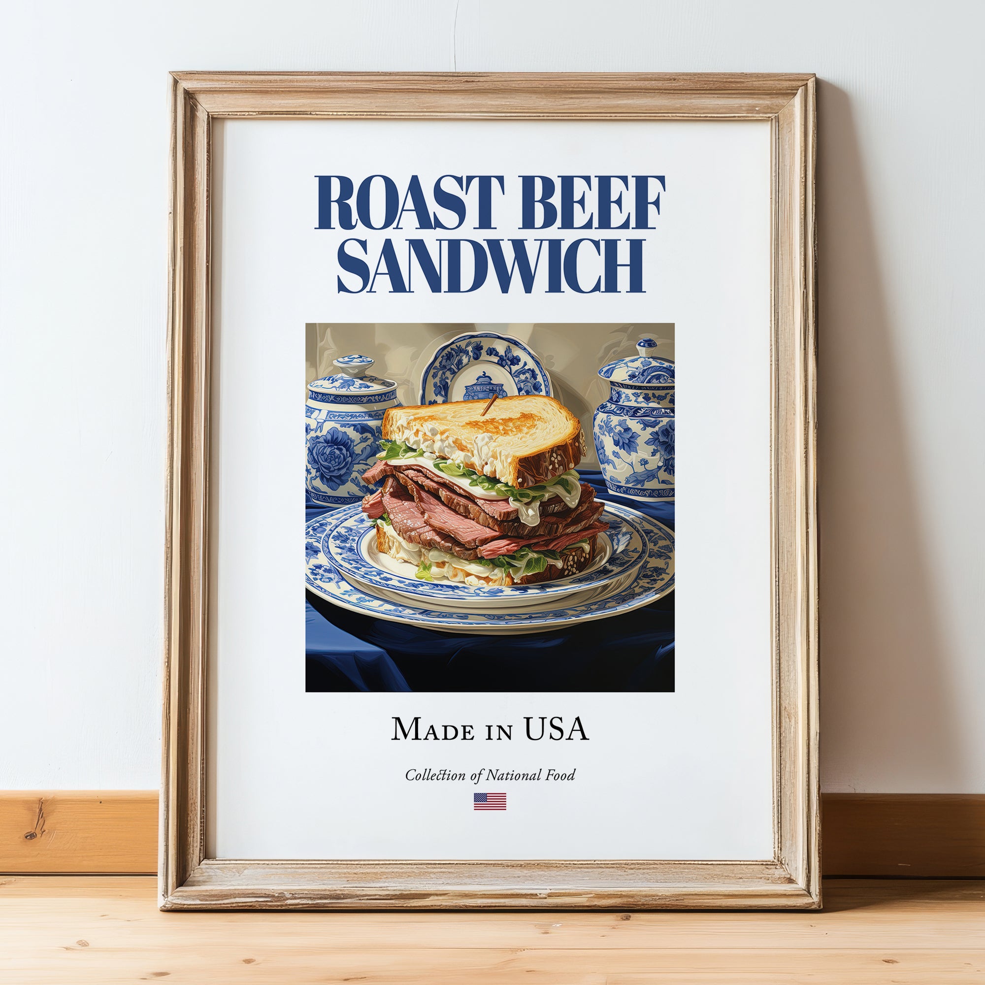 Roast Beef Sandwich – American Dish, Fine Dining Restaurant Painting, in wooden frame leaning on the floor