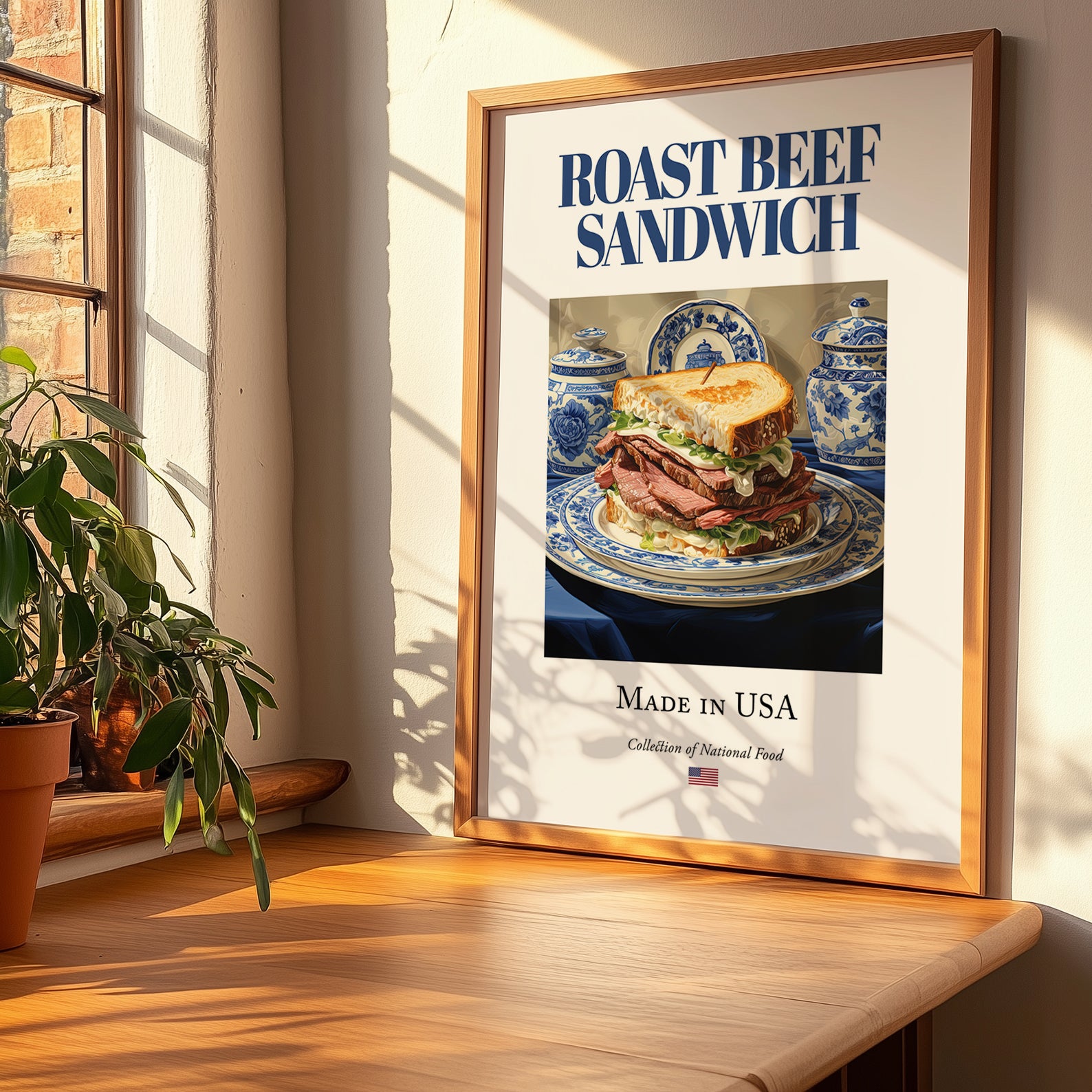 Roast Beef Sandwich – American Dish, Fine Dining Restaurant Painting, no-text version framed in wood