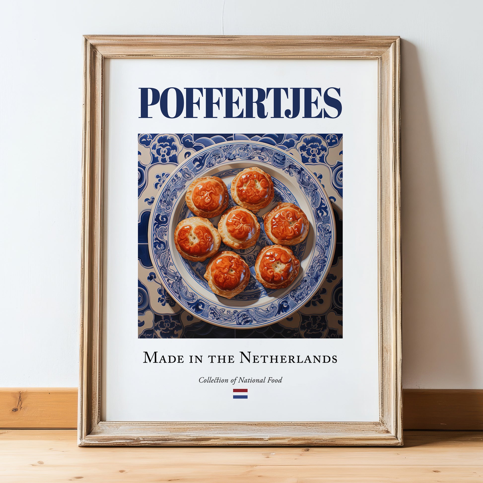 Poffertjes – Dutch Dessert Dish, Bistro Poster, in wooden frame leaning on the floor