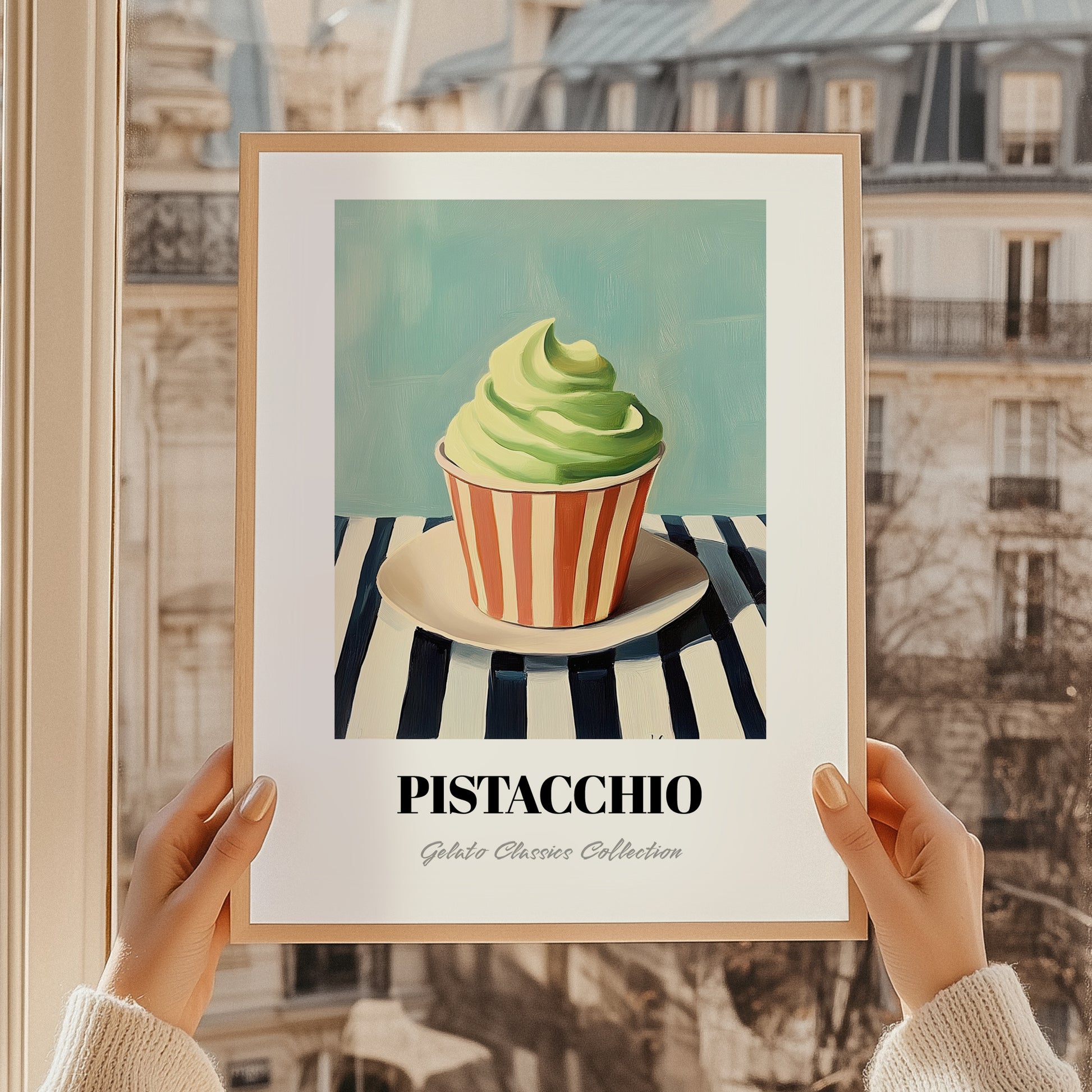 Pistacchio – on Striped Tablecloth, Gelato Still Life, styled in a charming Paris street view