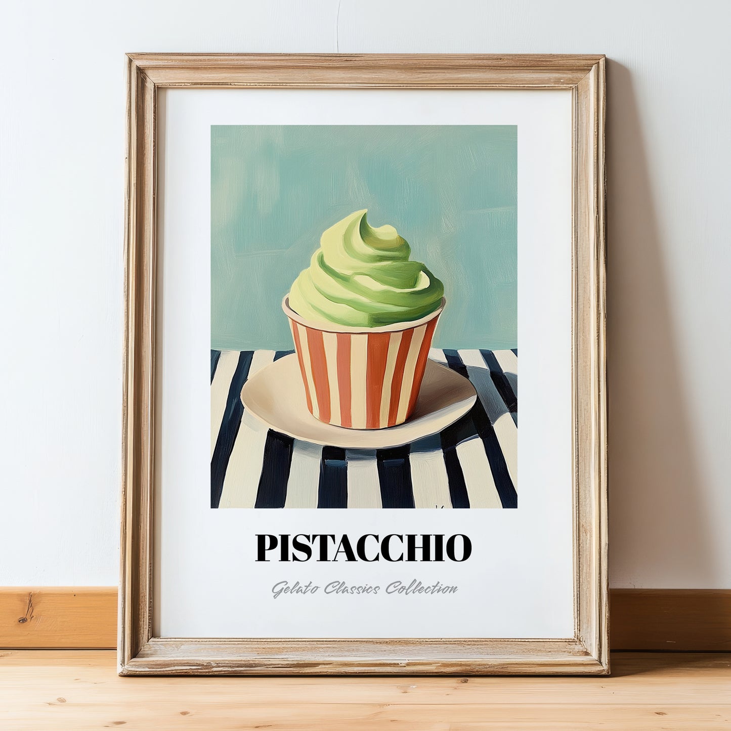 Pistacchio – on Striped Tablecloth, Gelato Still Life, in wooden frame leaning on the floor