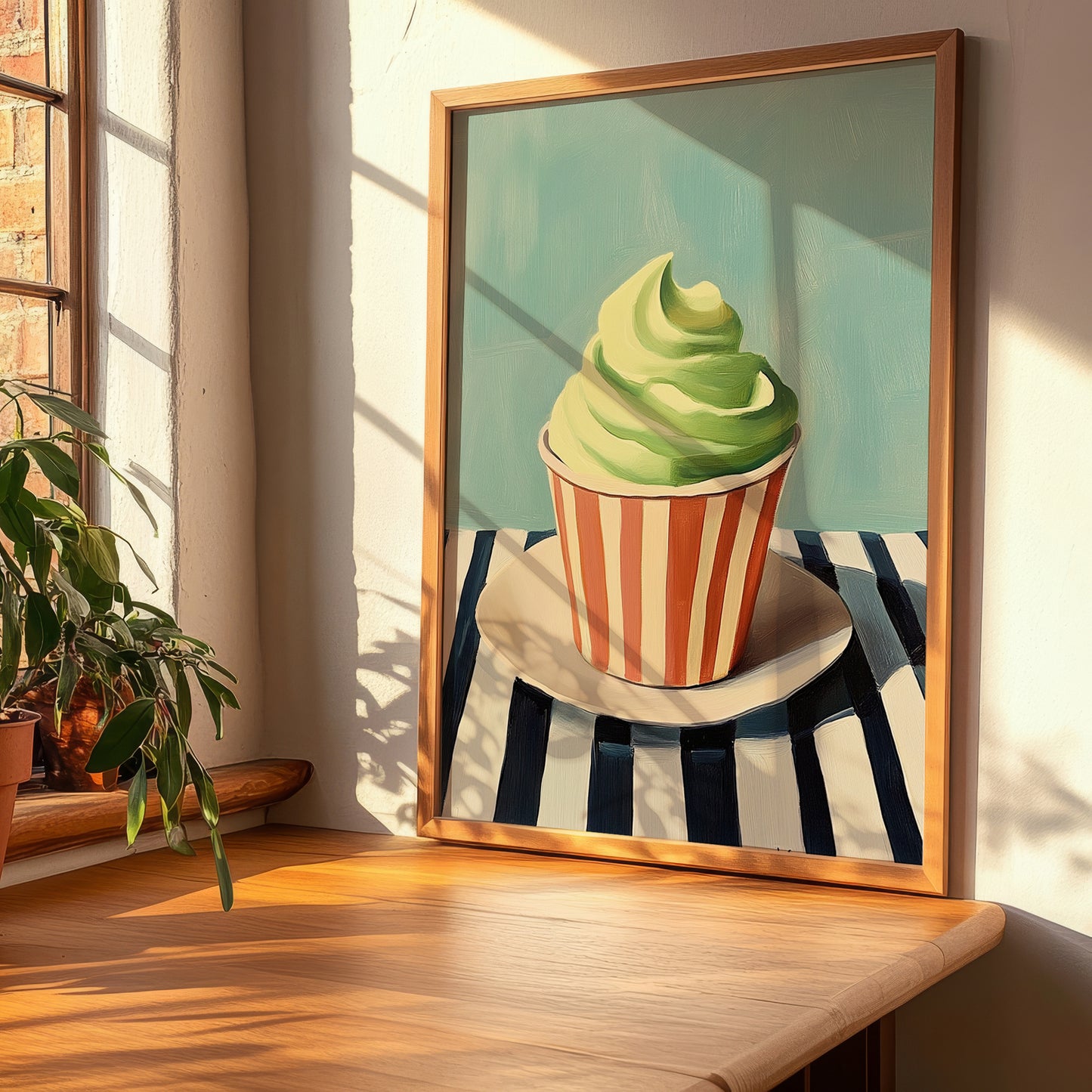 Pistacchio – on Striped Tablecloth, Gelato Still Life, clean layout with no caption