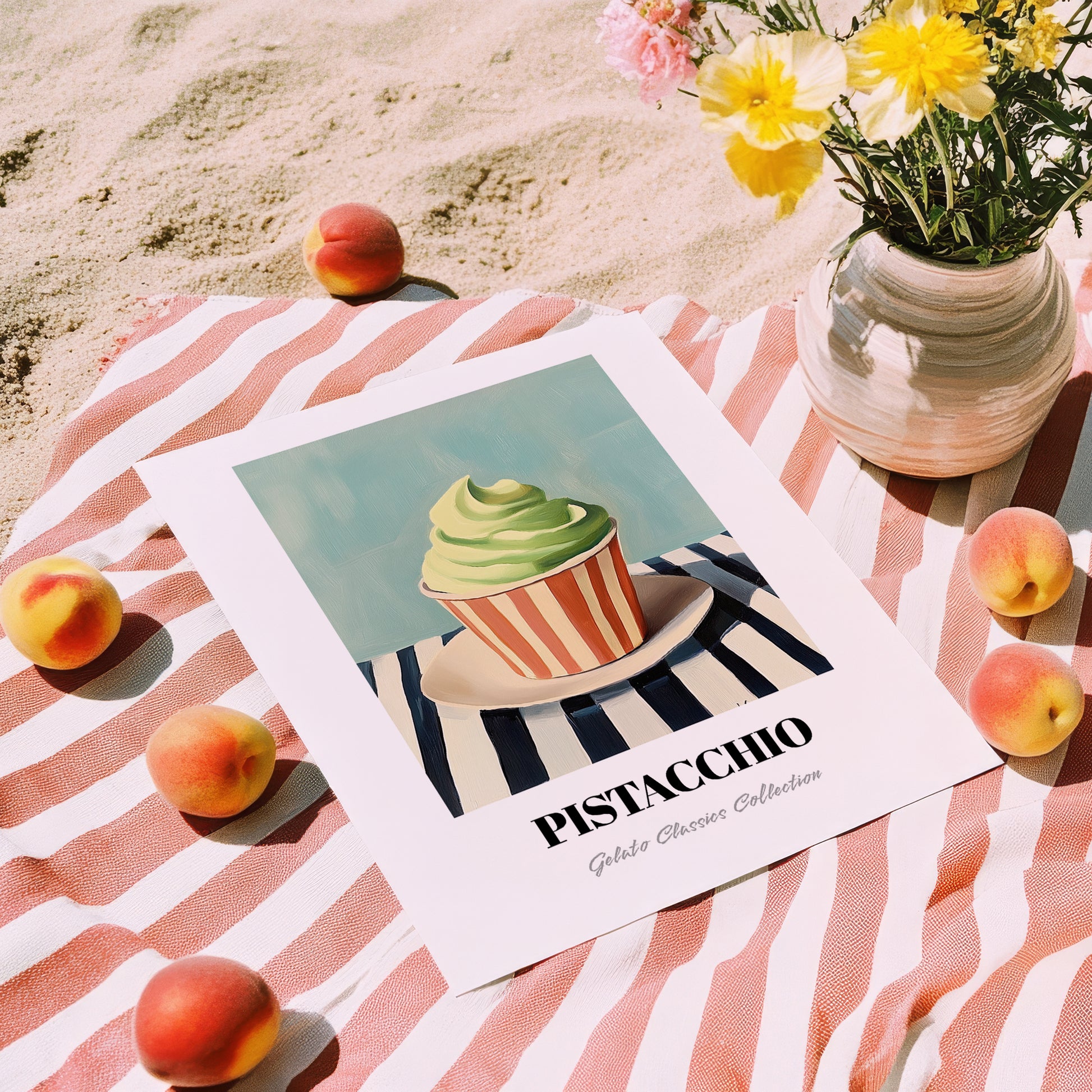 Pistacchio – on Striped Tablecloth, Gelato Still Life, unframed on coastal sand