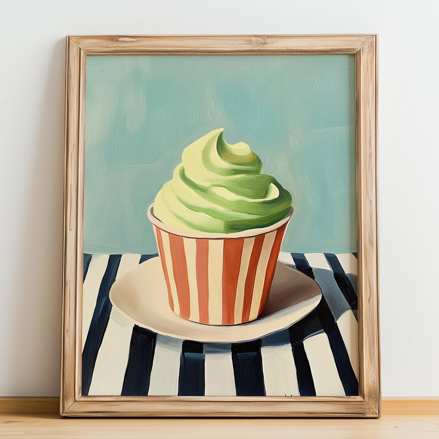 Pistacchio – on Striped Tablecloth, Gelato Still Life, no-text version framed in wood