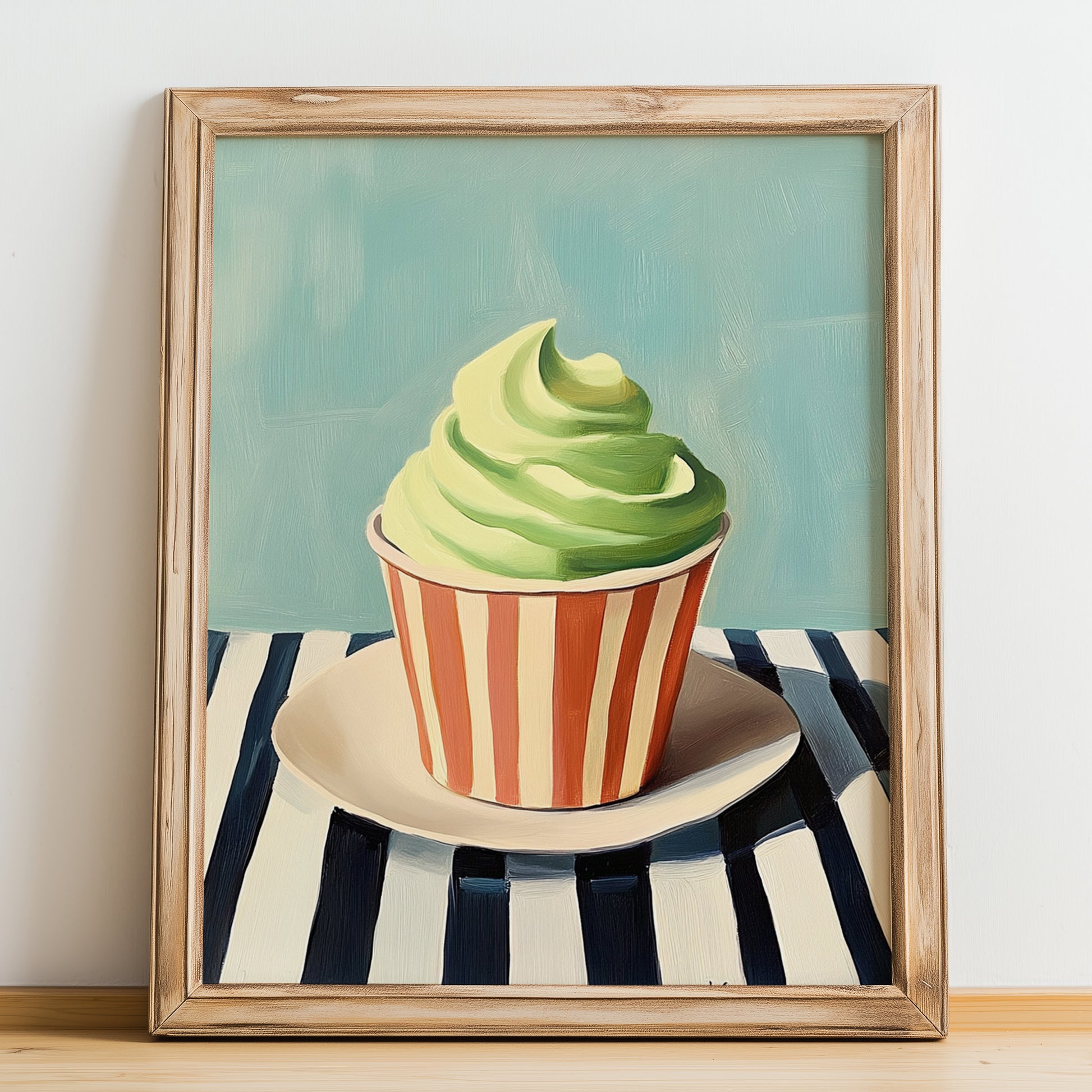 Pistacchio – on Striped Tablecloth, Gelato Still Life, no-text version framed in wood