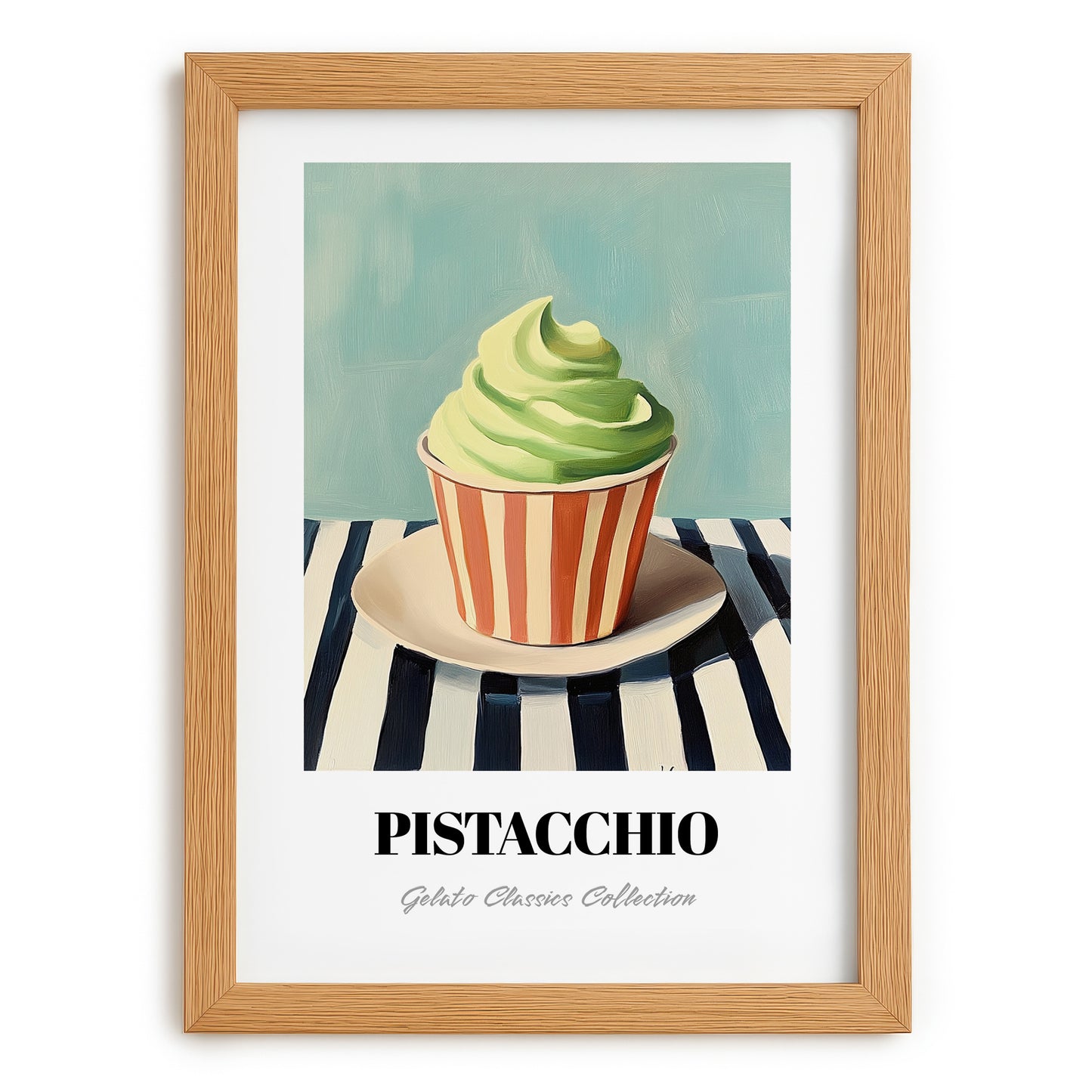 Pistacchio – on Striped Tablecloth, Gelato Still Life, set in oak frame
