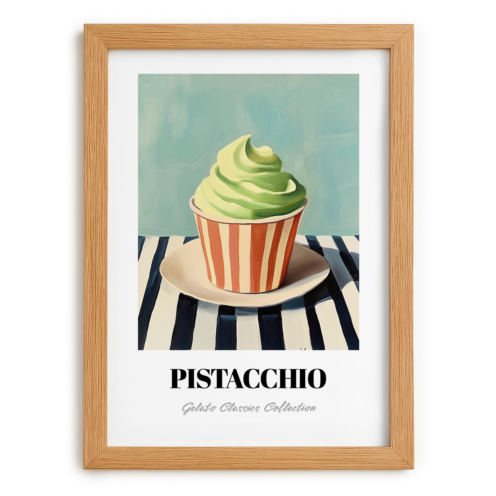 Pistacchio – on Striped Tablecloth, Gelato Still Life, set in oak frame
