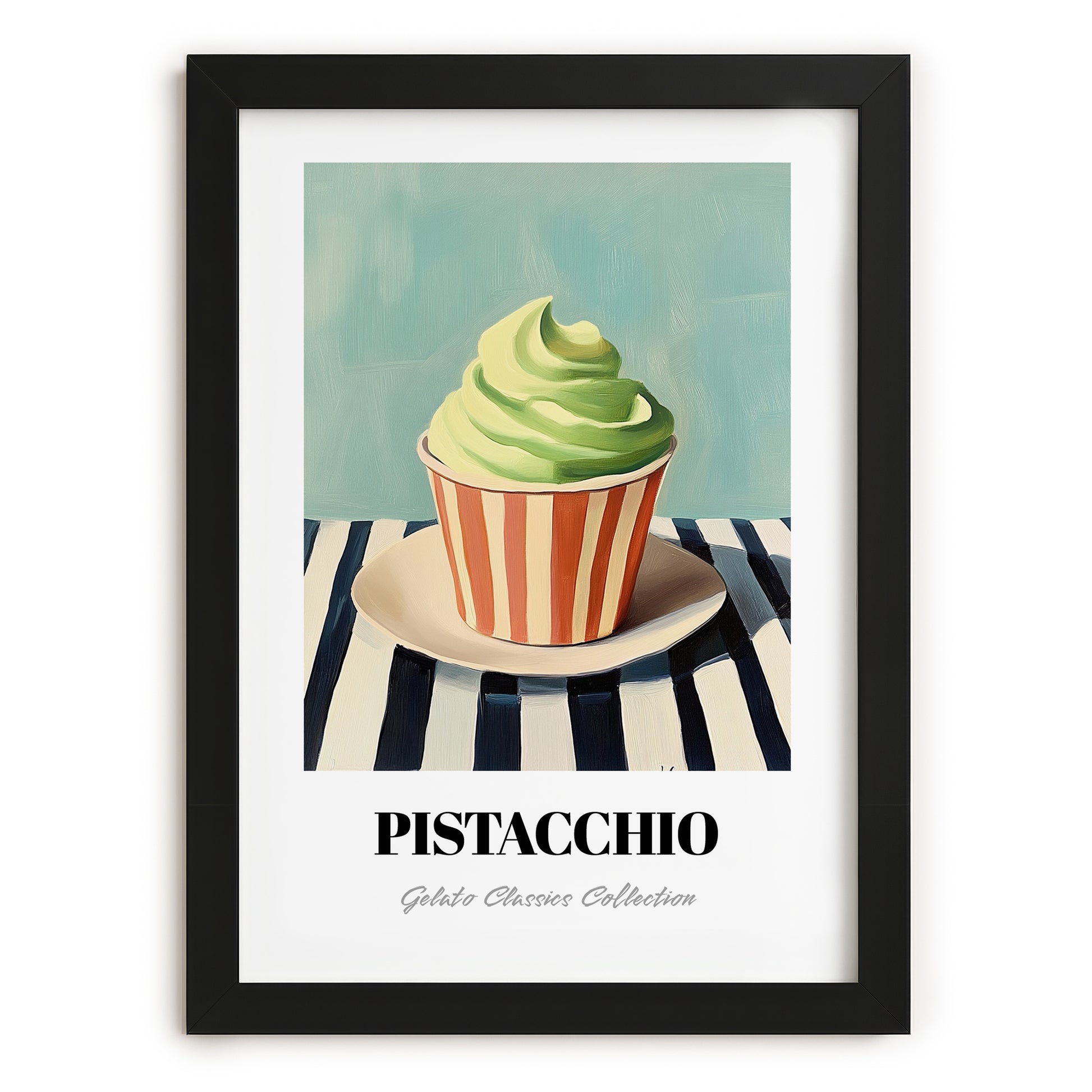 Pistacchio – on Striped Tablecloth, Gelato Still Life, in sleek black frame