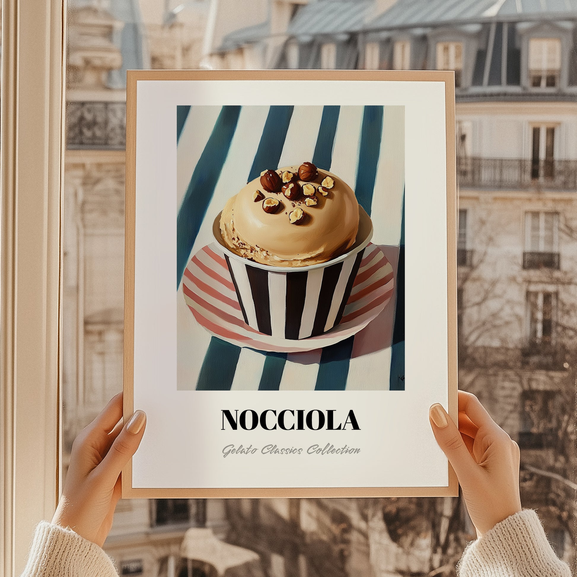 Nocciola – on Striped Tablecloth, Gelato Print, styled in a charming Paris street view
