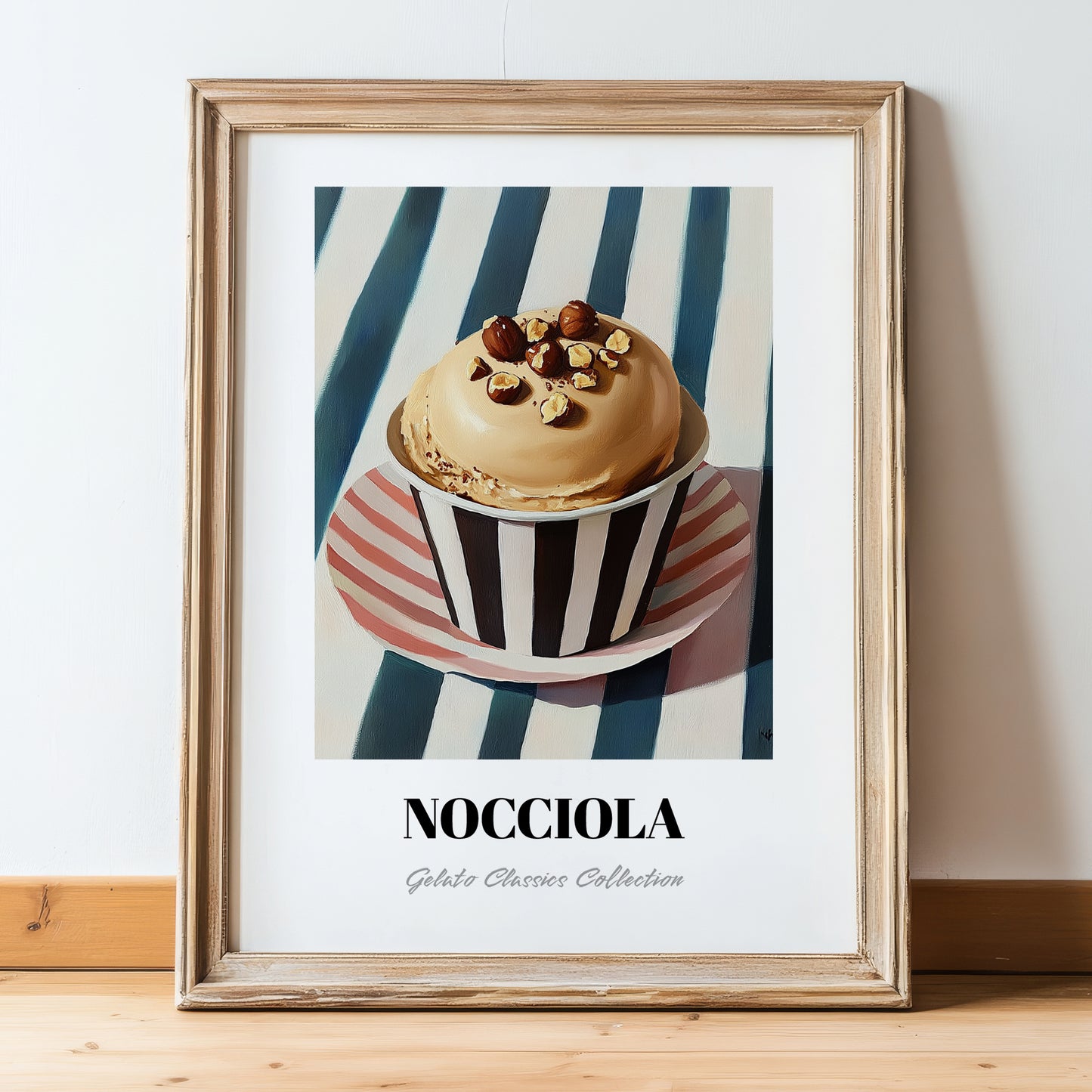Nocciola – on Striped Tablecloth, Gelato Print, in wooden frame leaning on the floor