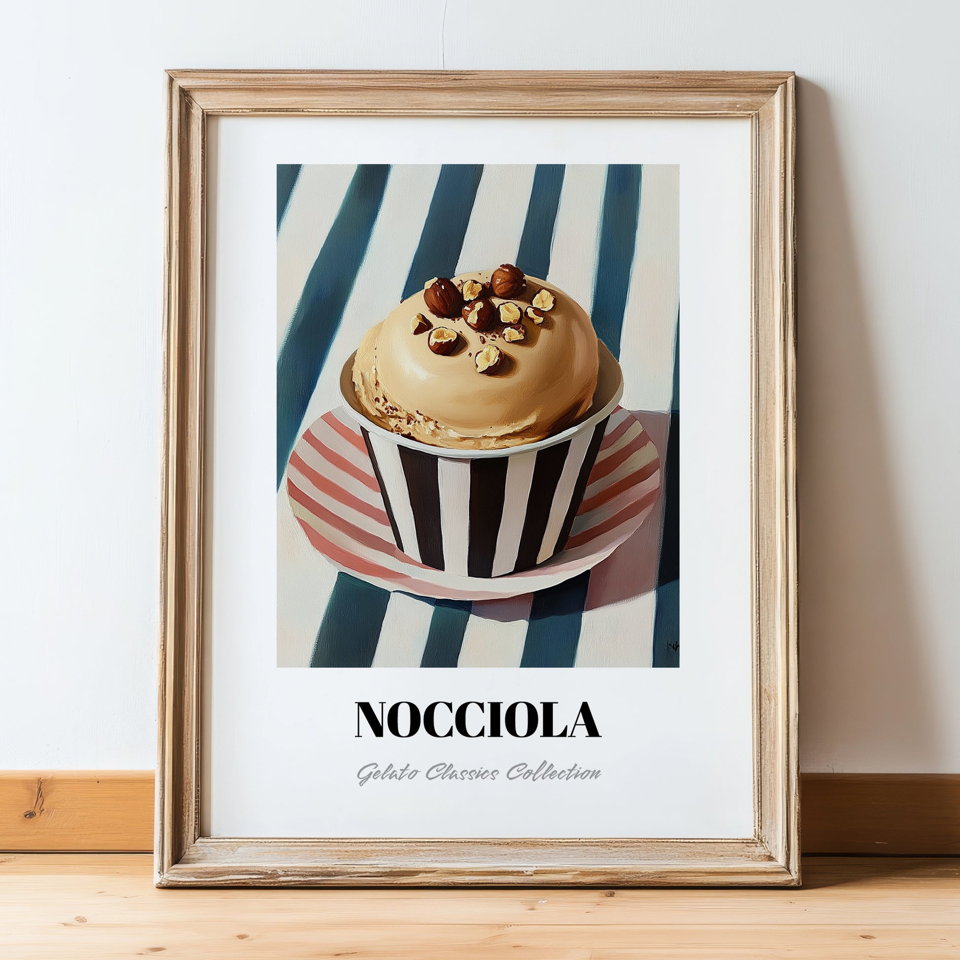 Nocciola – on Striped Tablecloth, Gelato Print, in wooden frame leaning on the floor