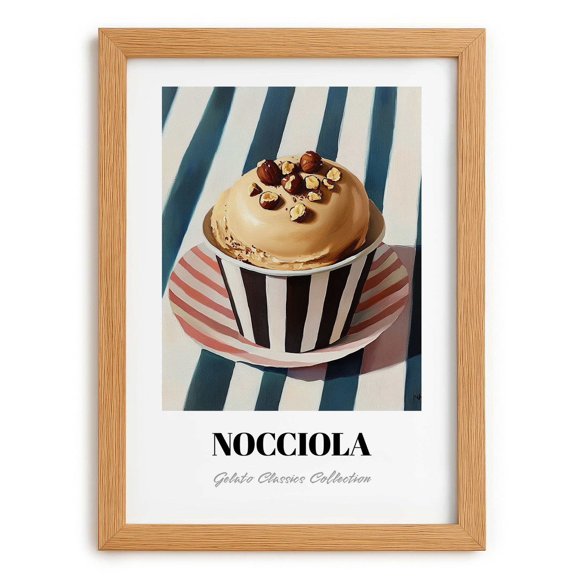 Nocciola – on Striped Tablecloth, Gelato Print, set in oak frame