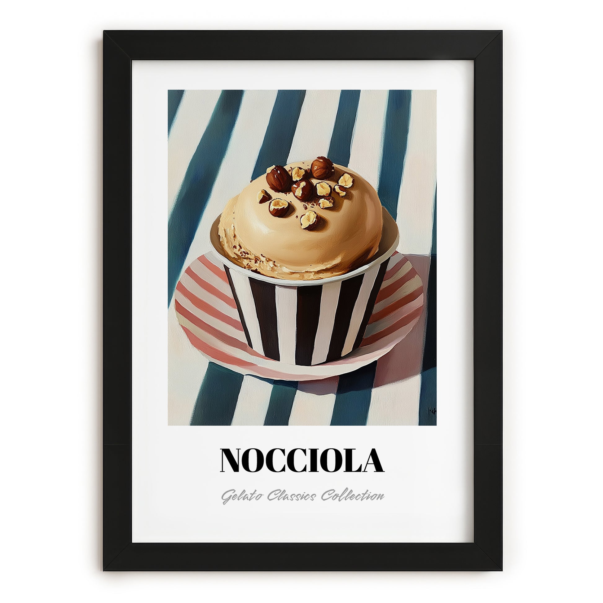Nocciola – on Striped Tablecloth, Gelato Print, in sleek black frame
