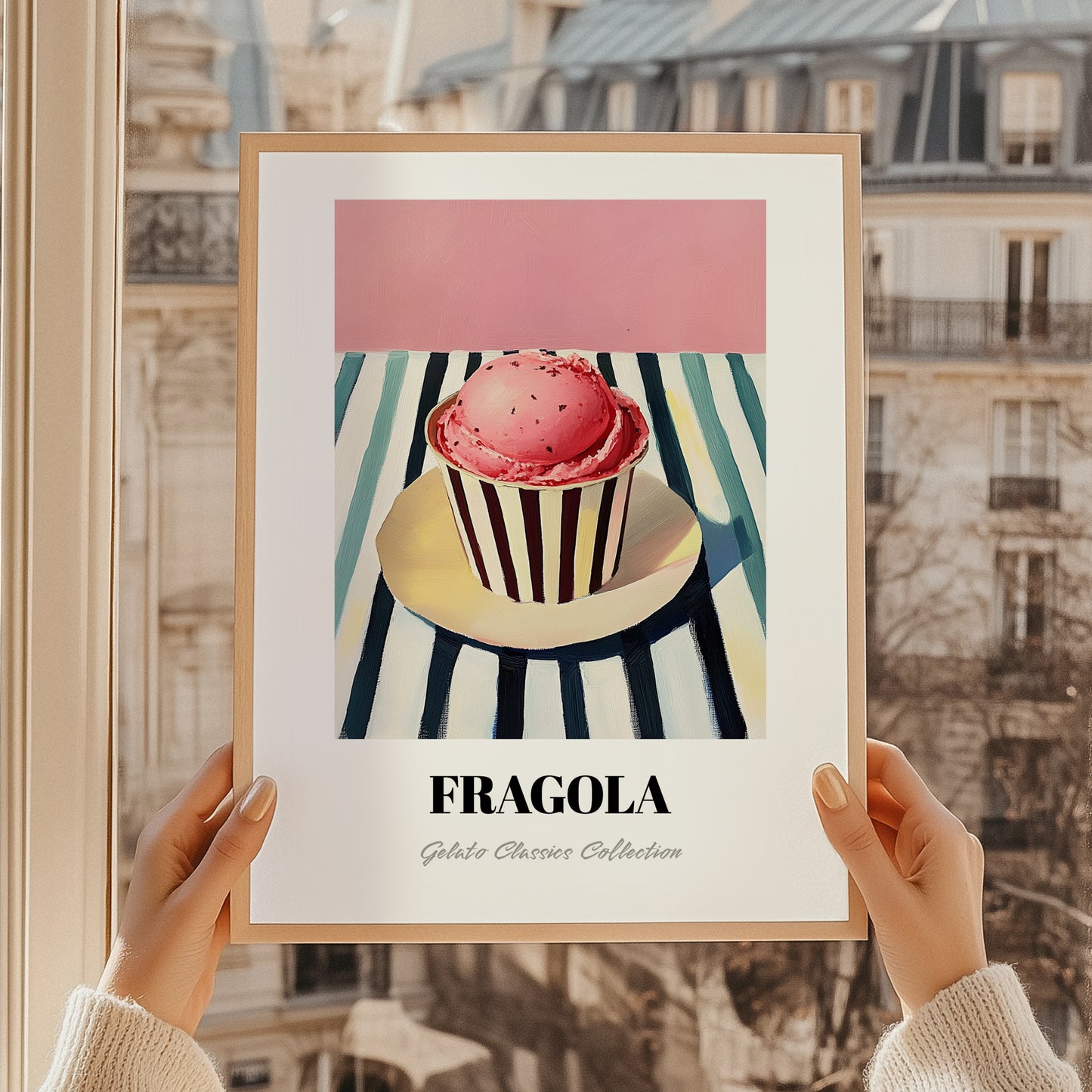 Fragola – on Striped Tablecloth, Gelato Still Life, styled in a charming Paris street view
