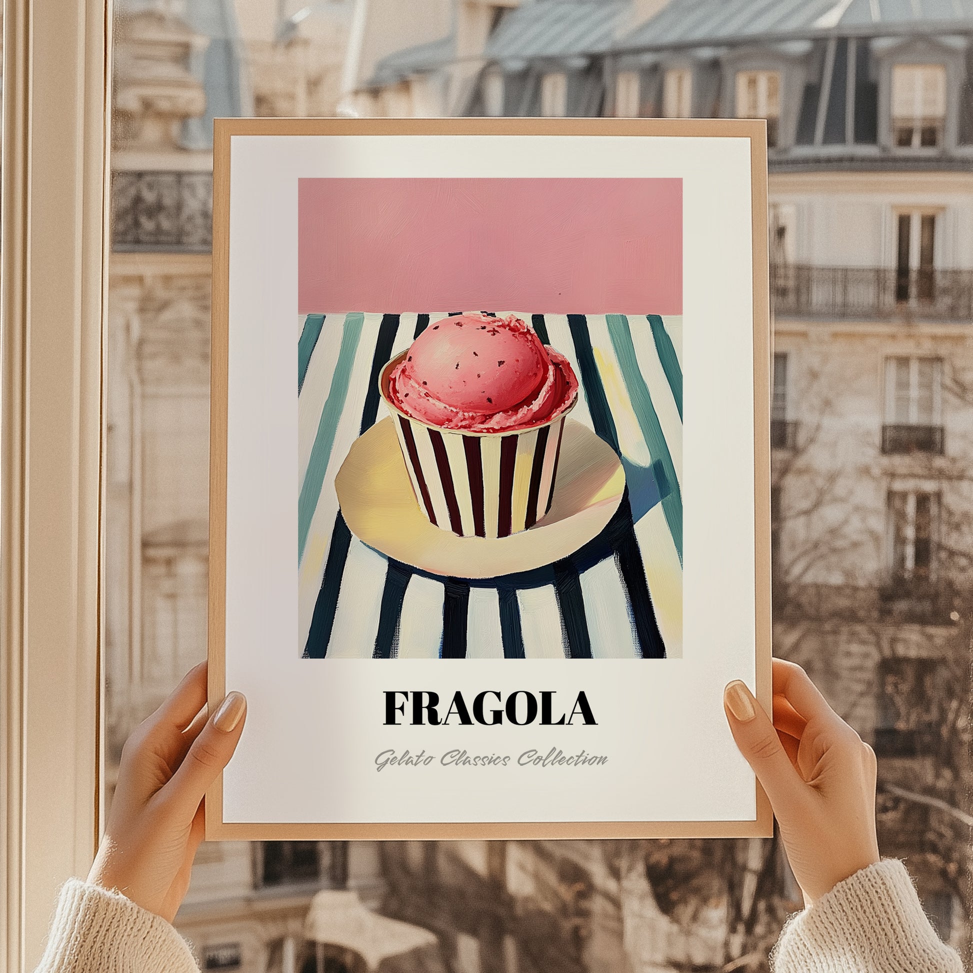 Fragola – on Striped Tablecloth, Gelato Still Life, styled in a charming Paris street view